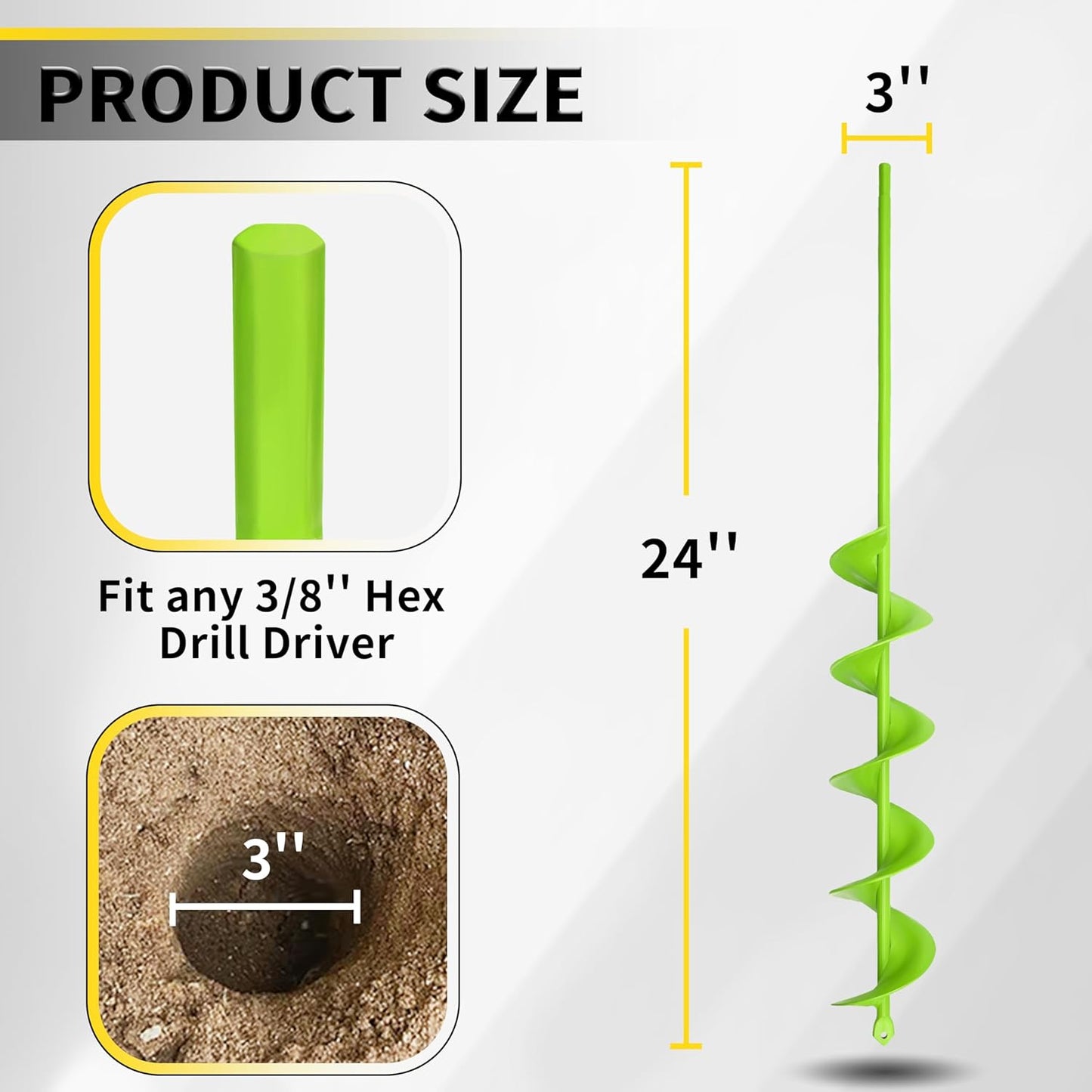 3x24-Inch Garden Auger Drill Bit for Planting and Post Hole Digging - Upgraded Spiral Design, Solid Shaft - Hex Driver Drill Compatible