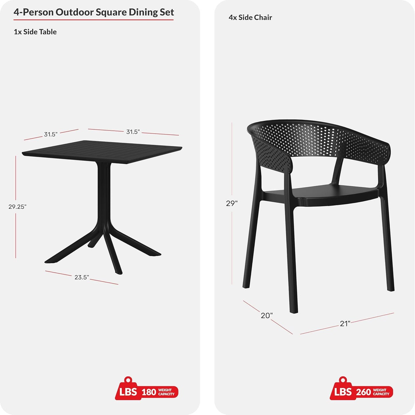 5-Piece Outdoor Dining Set, HDPE Patio Square Bistro Table and Stackable Chairs Sets for 4, Outdoor Furniture All Weather for Backyard Poolside, Black