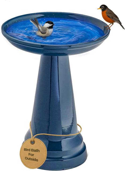 Birds Choice Ohio Stoneware Bird Bath | Pedestal Bird Bath, Stable Locking Top | Weather-Resistant Ceramic Clay, Glazed Finish | Outdoor Garden & Patio Decor | 22" H x 17" D, Midnight Blue