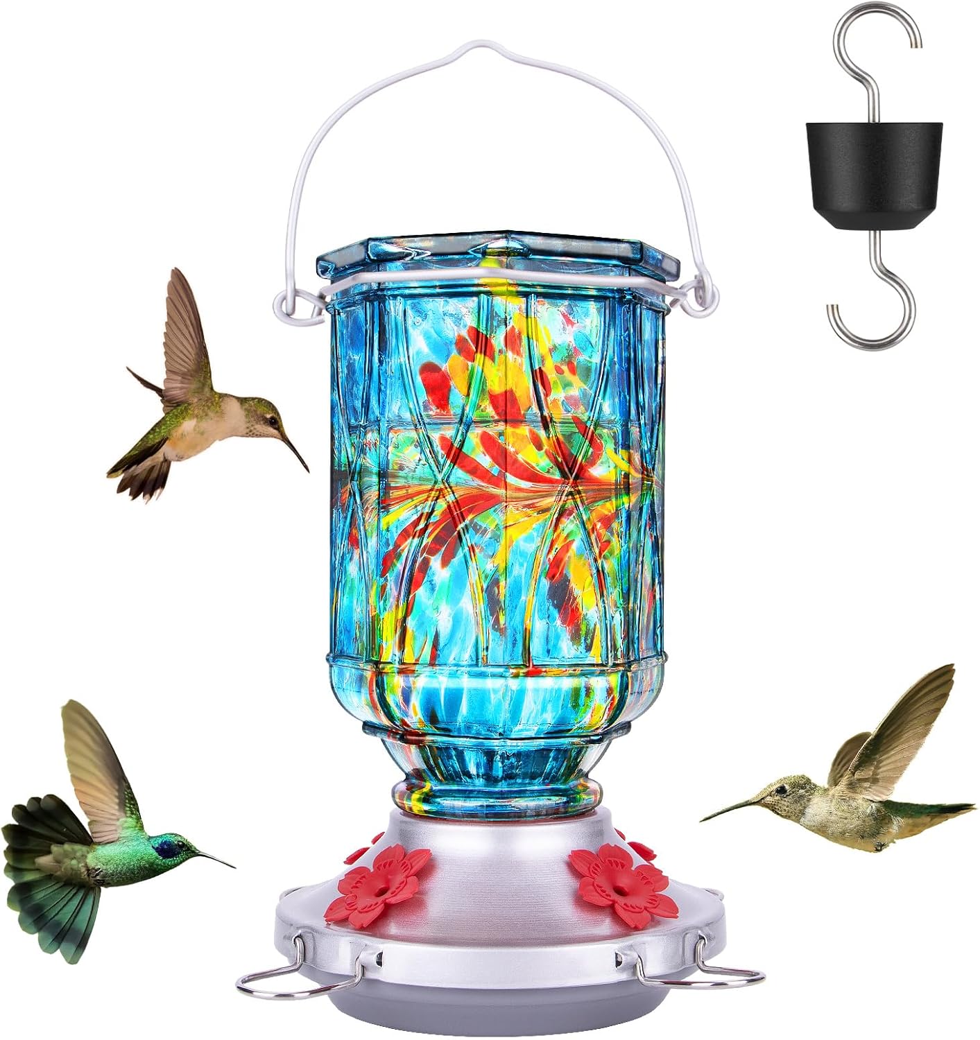 Hummingbird Feeders for Outdoors with Ant Moat, Hand Blown Glass Hummingbird Feeder, 4 Feeding Ports with Perch, Outdoor Garden Décor, 15 OZ, Blue, Gifts for Mom Wife Dad Men Women