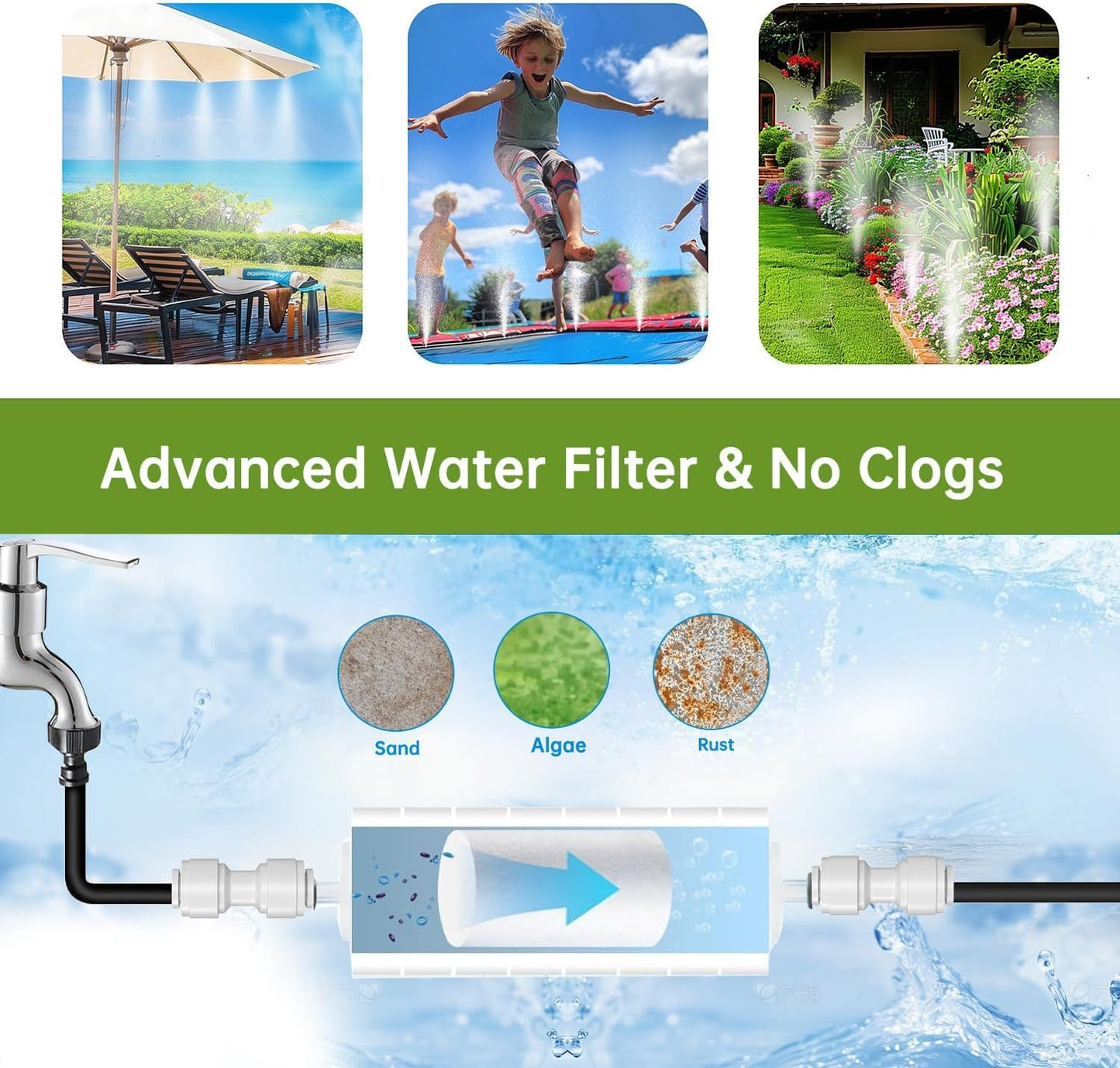 100FT Misting Cooling System for Patio & Garden - Brass Nozzles, UV-Resistant Tubing, DIY Installation - Water-Saving Backyard Mister for Outdoors, Greenhouse, Trampoline, Pool, BBQ Parties