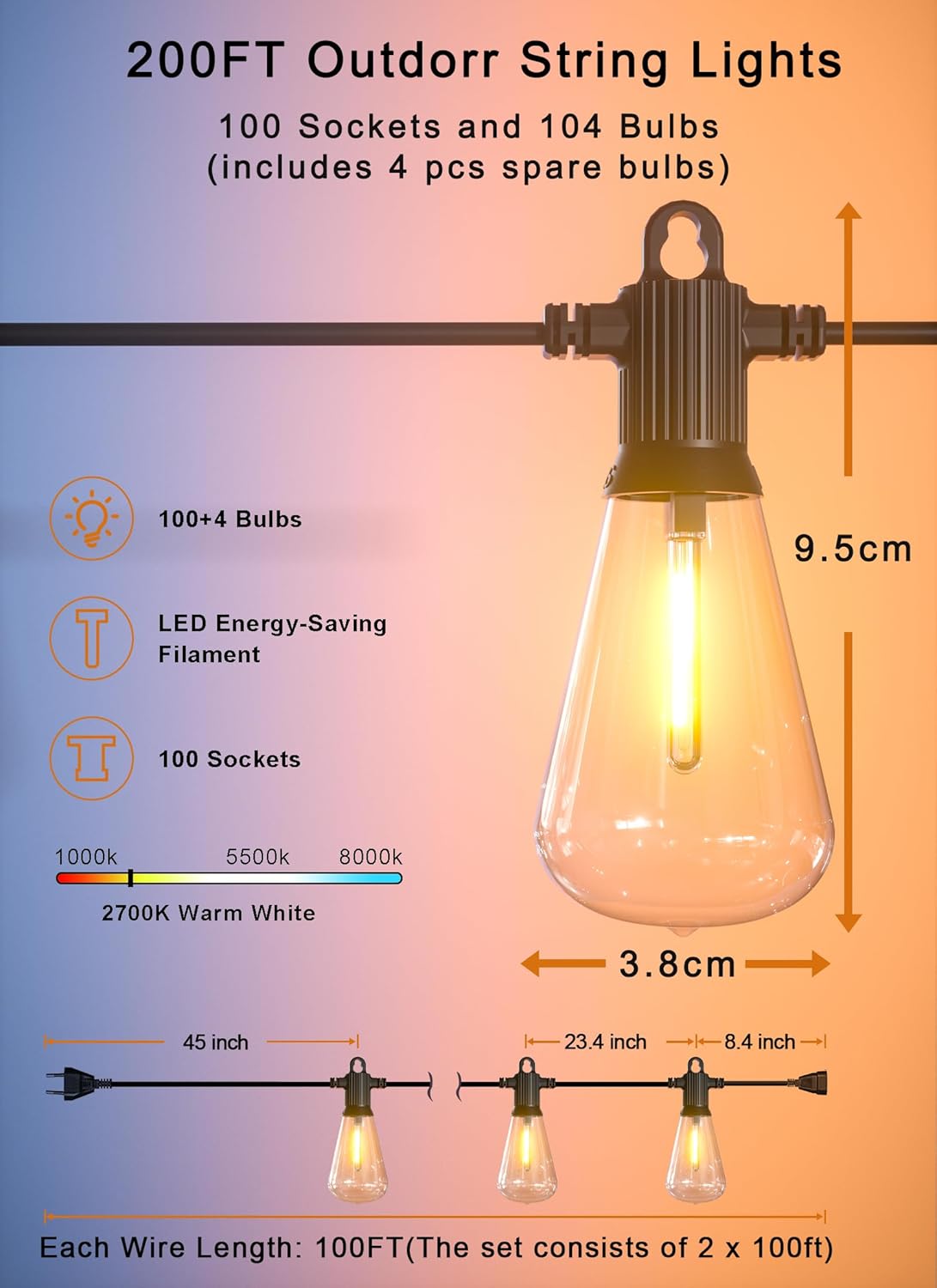 Outdoor String Lights, 200FT Patio Lights with 100 Shatterproof ST38 Globe Bulbs(4 Spare), Waterproof Connectable Dimmable LED Hanging String Lights for Outside Backyard Porch Balcony(100FT x 2)