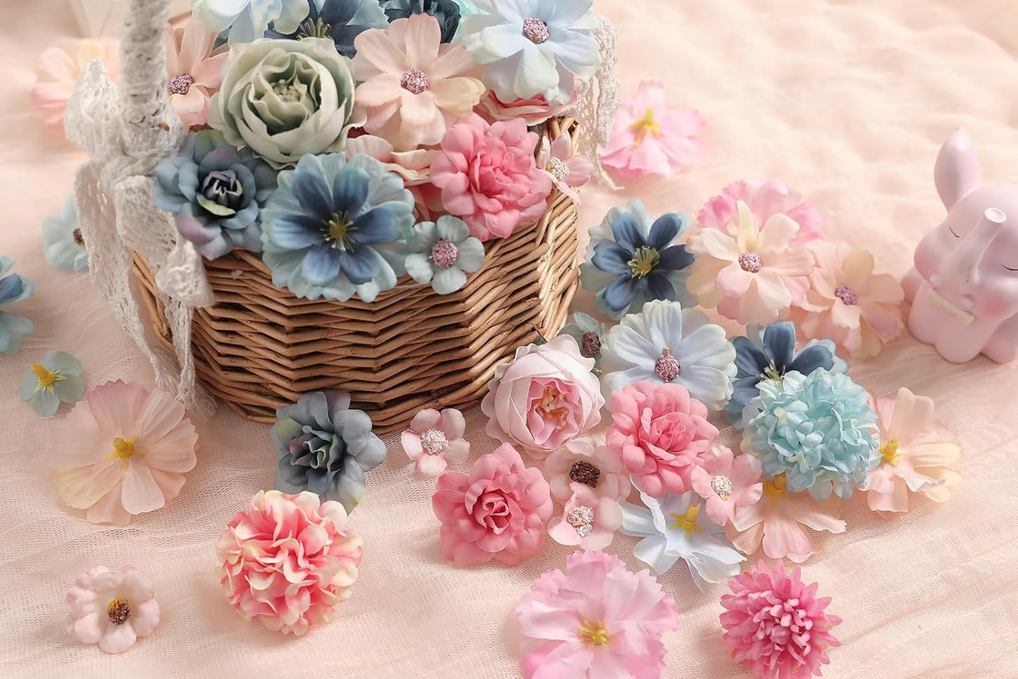 Faux Flower Heads Small Silk Artificial Flower DIY Fake Mini Flowers Rose Daisy Flowers Craft Supplies for Wedding Party Wreath Graduation Season Party Home Decor (125, Blue Pink)
