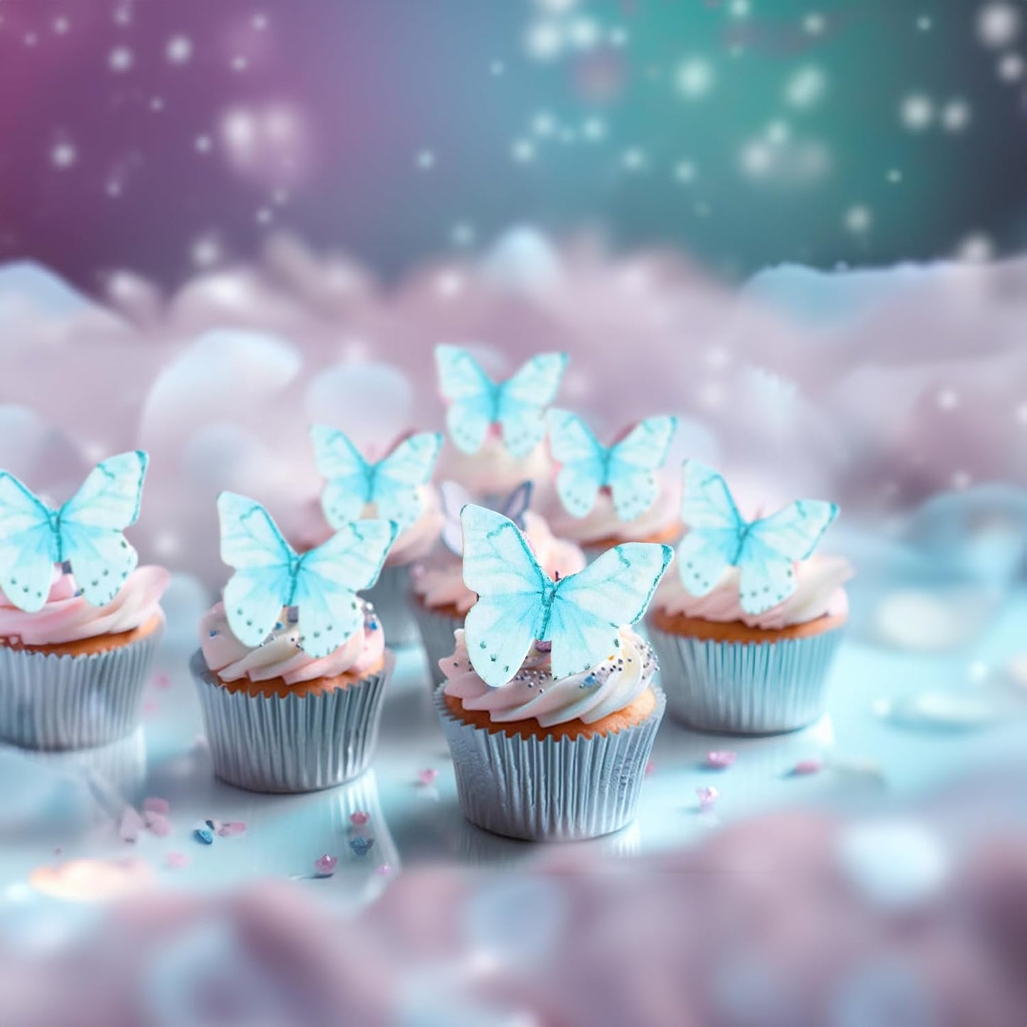 Ephlyn 48Pcs Edible Wafer Paper Butterflies for Cupcake Toppers Picks Edible Butterfly Cake Decorations for Wedding Birthday Party Baby Shower Kids Birthday Party Cake Supplies Light Blue