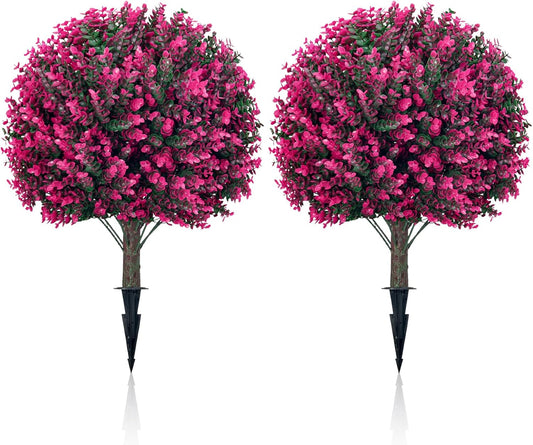 Artificial Topiary Tree with Pink Eucalyptus, Set of 2-17in UV Resistant Fake Evergreen Tree for Porch, Outdoor Artificial Plants for Planters - Ground Spike Included FZHCZWZX