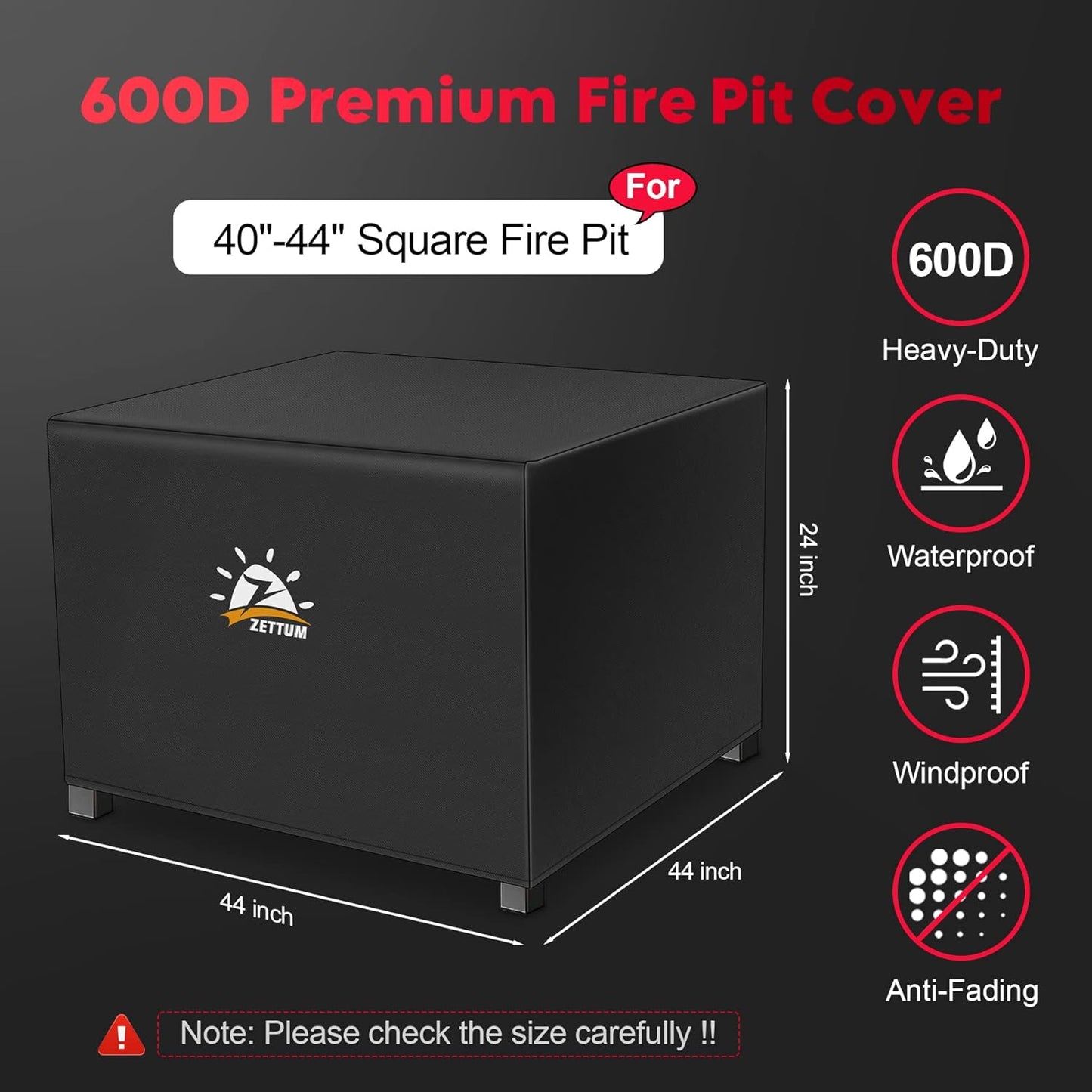 Fire Pit Cover Square 44 Inch - Outdoor Firepit Cover Heavy Duty & Waterproof, 600D Patio Fire Table Cover Gas Fire Pit Accessories Fade & Weather Resistant - 44 x 44 x 24 Inch