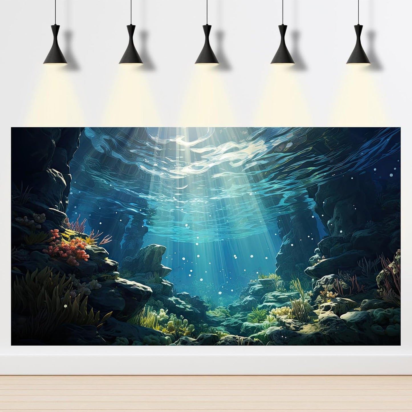 Underwater Aquarium Background Corals and Tropical Fish Terrarium Backdrop Rock Aquatic Plants Sunlight Rays Fish Tank Background Tank Aquarium Wallpaper Poster Decor 30x12in