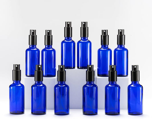 YIZHAO Blue Glass Spray Bottles 2oz, with Small Fine Mist Spray, Metal Cap, Refillable for Essential Oil,Travel,Cleaning,Perfume,Aromatherapy,Makeup – 12 Pcs