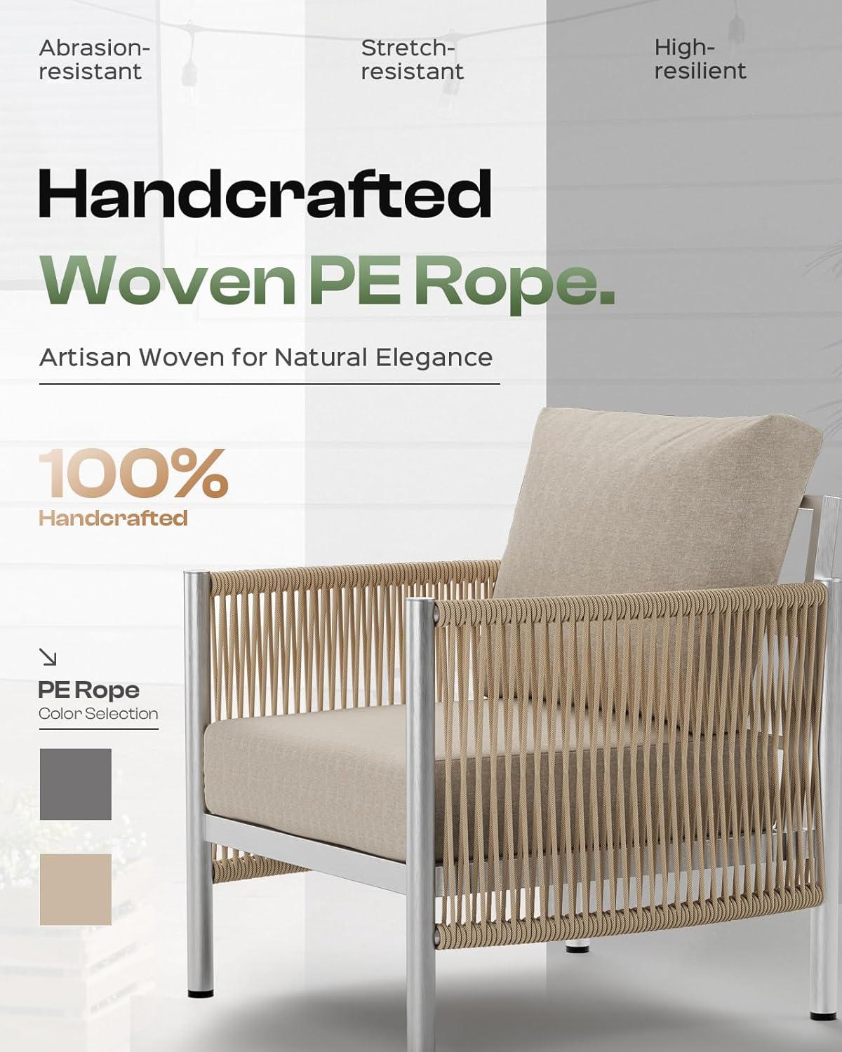 Aluminum Outdoor Patio Furniture Set, HDPE Rope 4 Piece Modern Sectional Conversation Sets with Dual-Layer Coffee Table, All Weather Patio Couch Sofa with Thick Cushions, Silver Frame, Beige