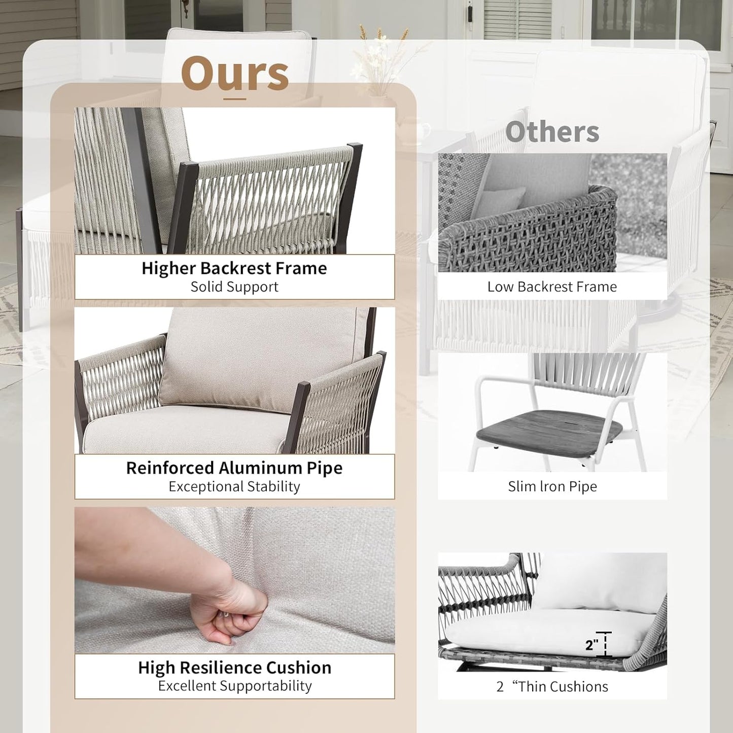 3 Pieces Wicker Bistro Set Chairs Patio Porch Furniture Sets, All-Weather PE Rattan Outdoor Conversation Set with Removable Cushion & Side Table for Porch, Deck, Poolside - Beige