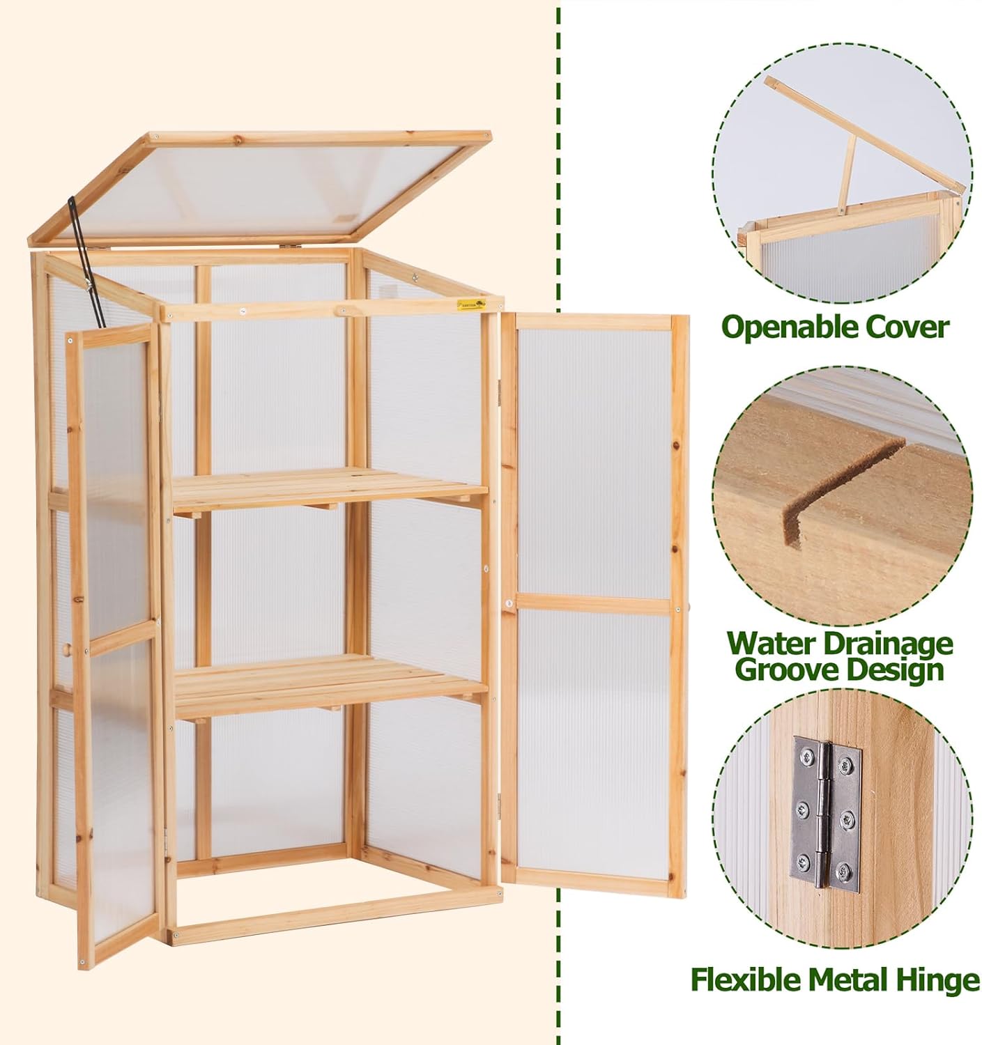 BIGTREE Wooden Green House Mini Greenhouse Indoor/Outdoor Nursery Vented Cold Frame Portable Garden Planter Raised Plants Top Opening Door (27"X19"X47")