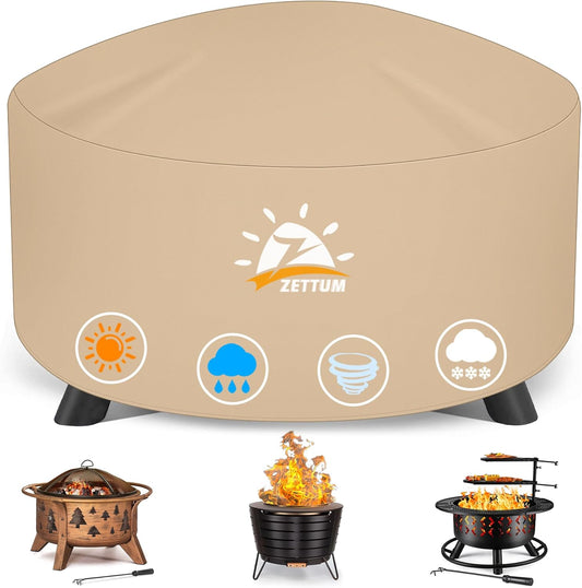 Fire Pit Cover Round 44 Inch - Outdoor Firepit Cover Waterproof & Heavy Duty, 600D Patio Fire Table Cover Gas Fire Pit Accessories Fade & Weather Resistant - 44 x 44 x 24 Inch
