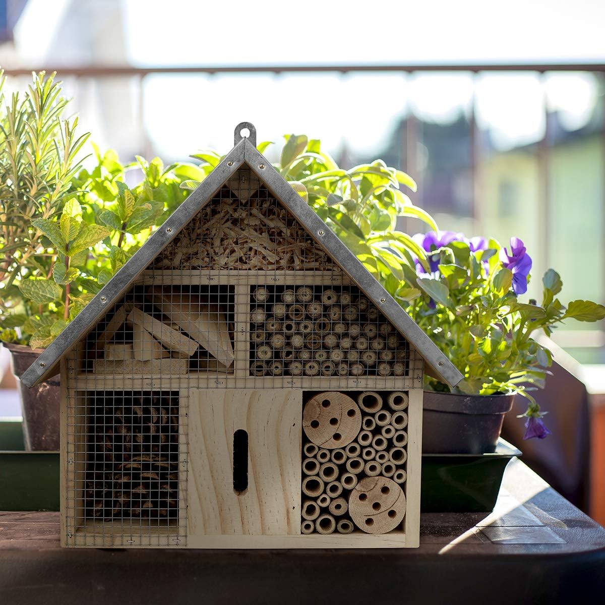 Insect Hotel - Pollinator House and Bug Condo for a Snug Home Outdoors - Garden Habitat for Bees, Ladybugs, and Butterflies - Natural Wood and Metal Construction - 10 x 3X 11 inches