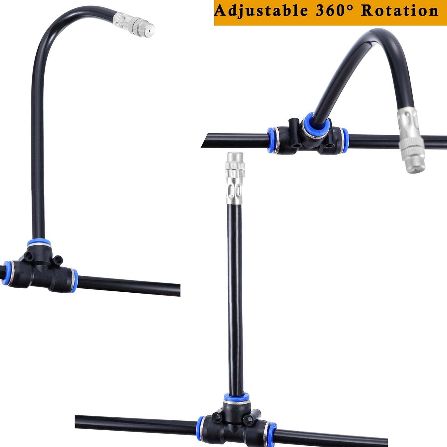 Mornajina 5 Packs Brass Misting Nozzles Tee with 20 inch Built in Hose for Outside Misting System, Adjustable 360° Rotation, Water Mister Nozzles Thread Sprayer 0.043" (1.1 mm)