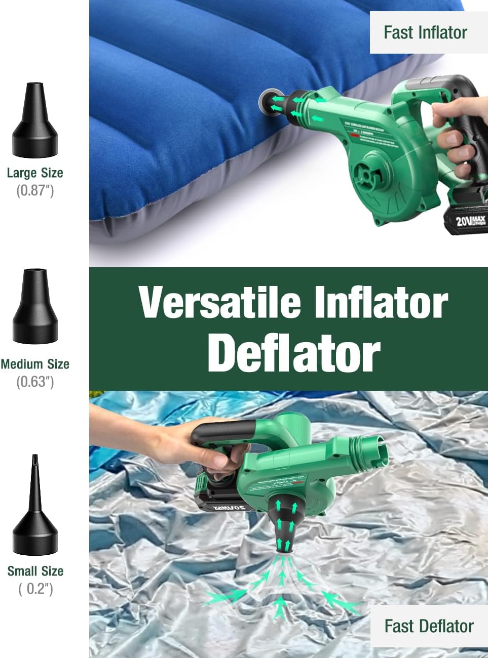 K I M O. Cordless Leaf Blower Vacuum Combo 4 in 1, 3 Nozzles &3 Modes for Inflation & Deflation, Extended Tube & Variable Speed, 20000RPM 150MPH, 2x2000mAh Battery Powered Leaf Blowers for Lawn Care