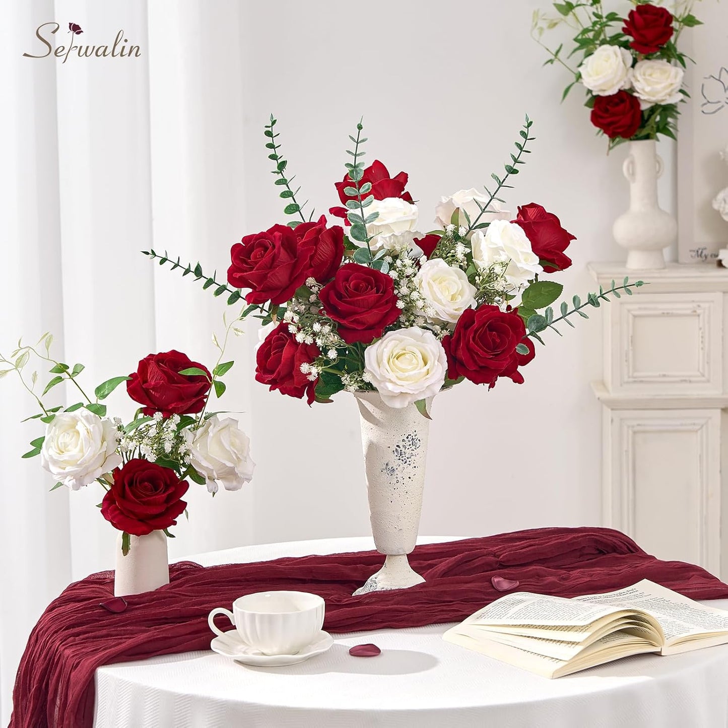 Serwalin 50pcs Artificial Red Roses, 4'' Velvet Flower Head Fake Rose Bulk, Real Touch Silk Roses Realistic Bouquet Long Stems Wedding Home Decor and Table Centerpiece