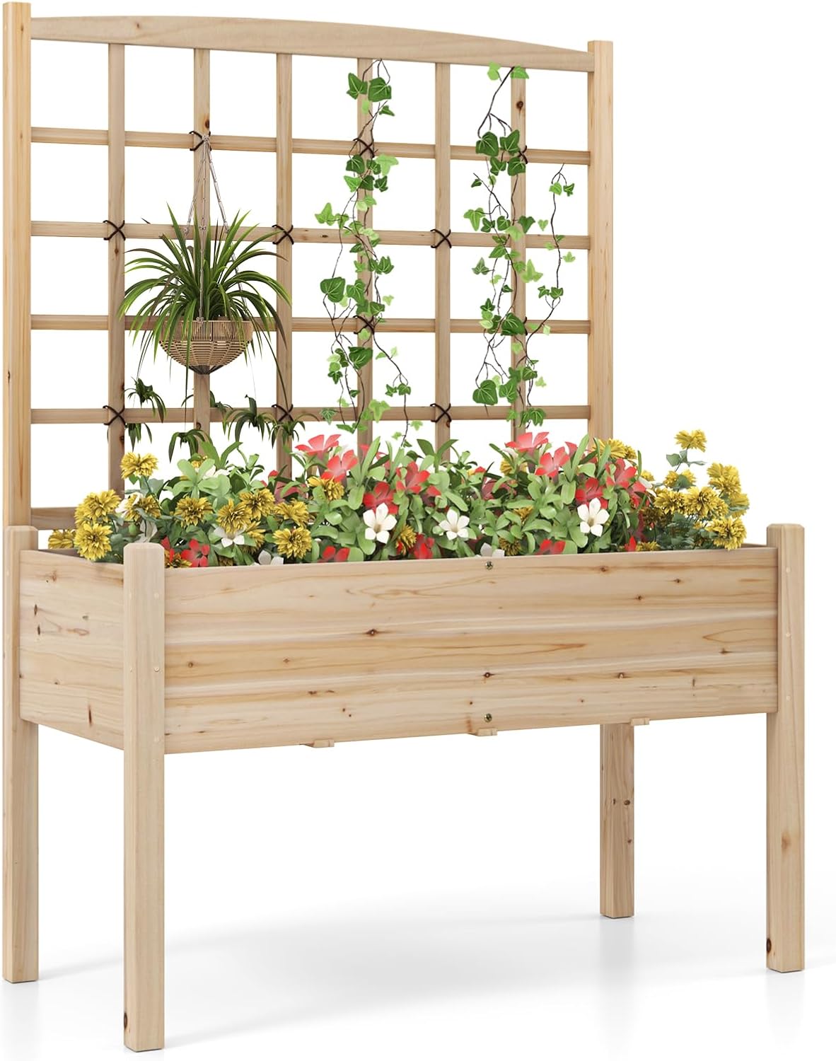 HAPPYGRILL Raised Garden Bed with Lattice Trellis, 4 Drainage Holes, Wooden Elevated Planter Box with Legs for Climbing Vine, Hanging Small Flower Baskets, Outdoor Gardening Planter for Patio Balcony