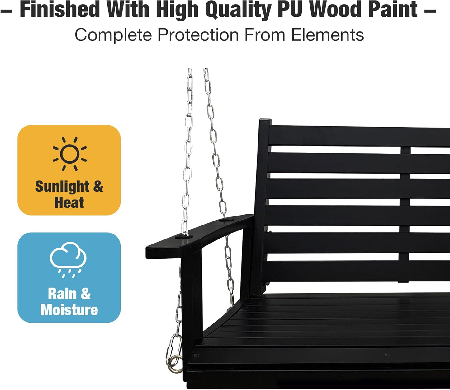 Wooden Porch Swing, Ergonomic Seat, Bench Swing with Hanging Chains and 7mm Springs, Heavy Duty 880 LBS, for Outdoor Patio Garden Yard (Matte Black, 2-Seater Extra Large)