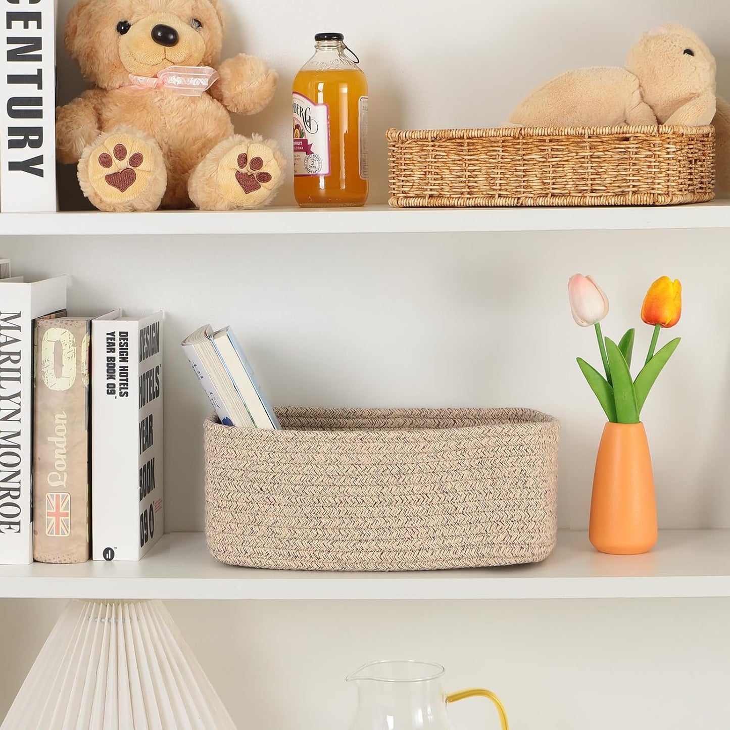 Small Storage Baskets for Organizing | Closet Organizer Bins | Shelf Toy Basket | Woven Rope Baskets | Cube Decorative Box | Shallow Basket | 11.5x7.5x4.7” | 3 Packs Mixed Brown