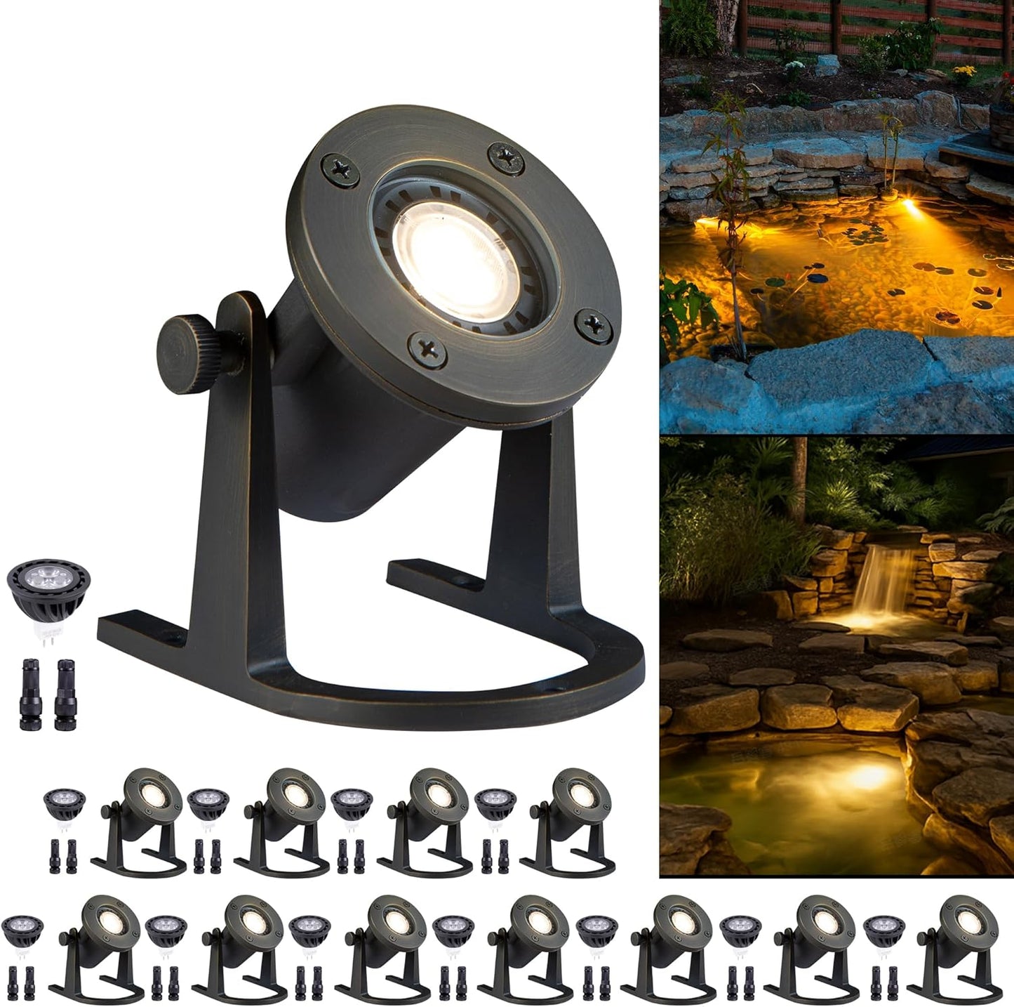Solid Brass Underwater Pond Light - 12V Low Voltage IP68 Submersible Bronze Fixture, with 4000K MR16 LED for Outdoor Pond Fountain Waterfall Landscape Lighting(12 Pack)