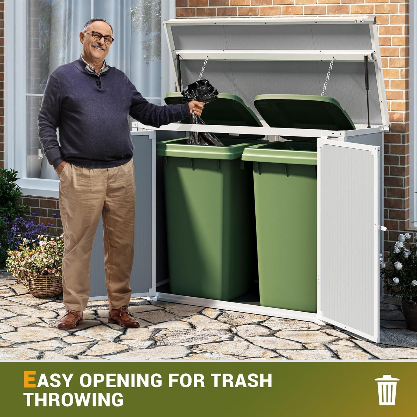 41 Cu.Ft Horizontal Outdoor Plastic Storage Shed/Box Trash Can Sheds Weatherproof Resin Shed with Floor Thickened & Gas Spring & Lockable Doors for Tools, Lawn Mower Storage（4.5 * 2.5 FT）