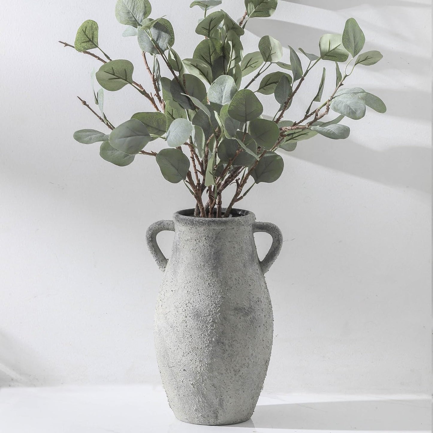 Large Ceramic Rustic Vase,11.3 inch Tall Farmhouse Flower Vase with 2 Handles for Home Decor, Living Room Entryway Table Centerpiece Decor