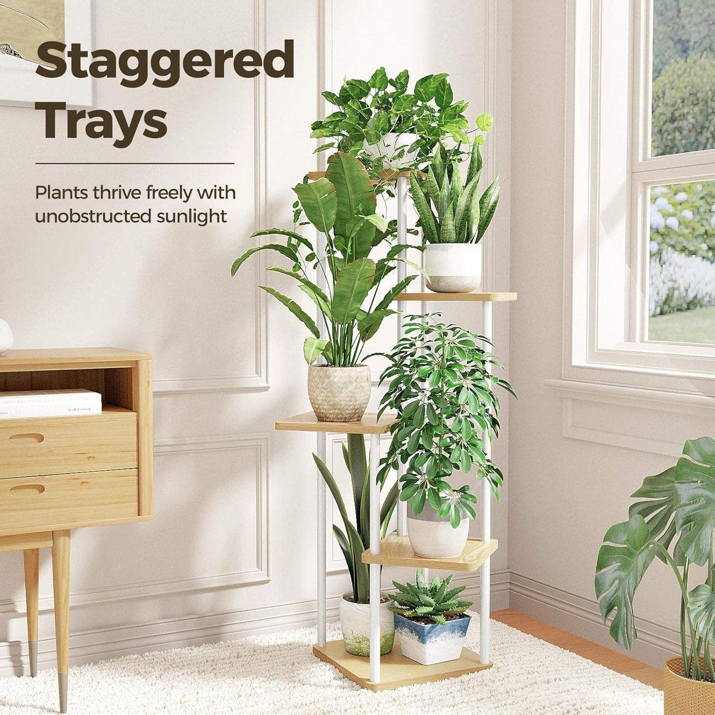 Bamworld White Plant Stand Indoor 5 Tier Plant Shelf for Multiple Plants Corner Flower Stand Metal Wood Plant Table for Patio Garden Balcony Living Room Bedroom