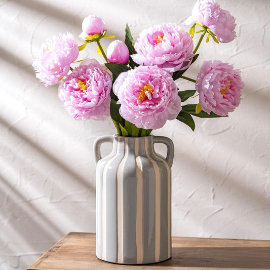 Ceramic Grey and White Checkered Stripes Vase with Handles, Hand-Painted Modern Minimalist Bohemian Floral Vases Home Decor, Cottage Core Decor, Flower Vase for Bouquet Mantle Kitchen Bookshelf 9.1 In