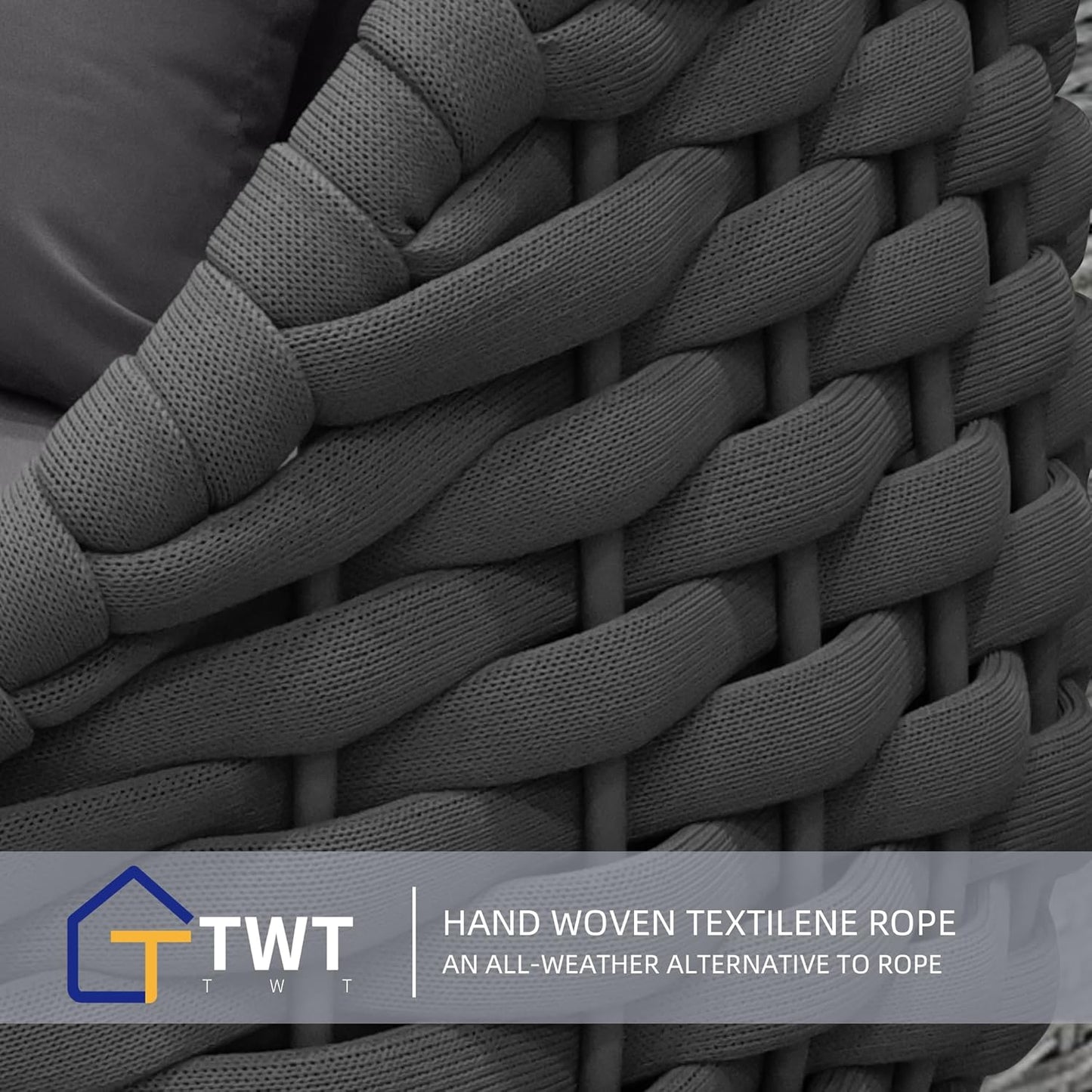 Aluminum Modern Patio Set Three Seater Sofa Outdoor Furniture Set w/Coffee Table,Patio Conversation Set with Hand Woven Teslin Rope for Bedroom Backyard Poolside, Dark Grey