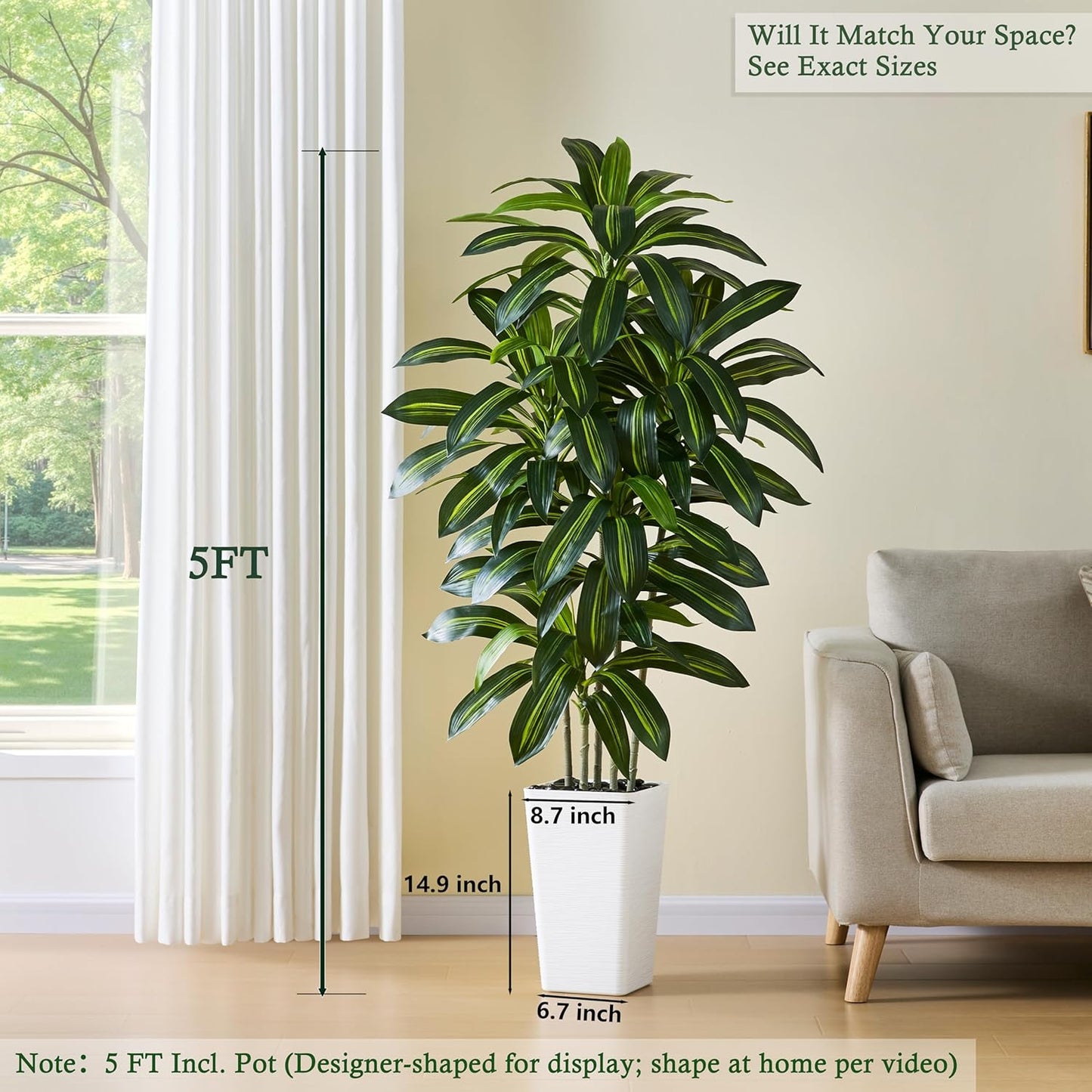 Artificial Dracaena Tree：5FT Faux Silk Tropical Yucca Floor Trees Realistic Fake Green Plant with Natural Wood Trunk & Lifelike Leaves for Home Office Decor Indoor & Outdoor (5FT,1-Pack,White)