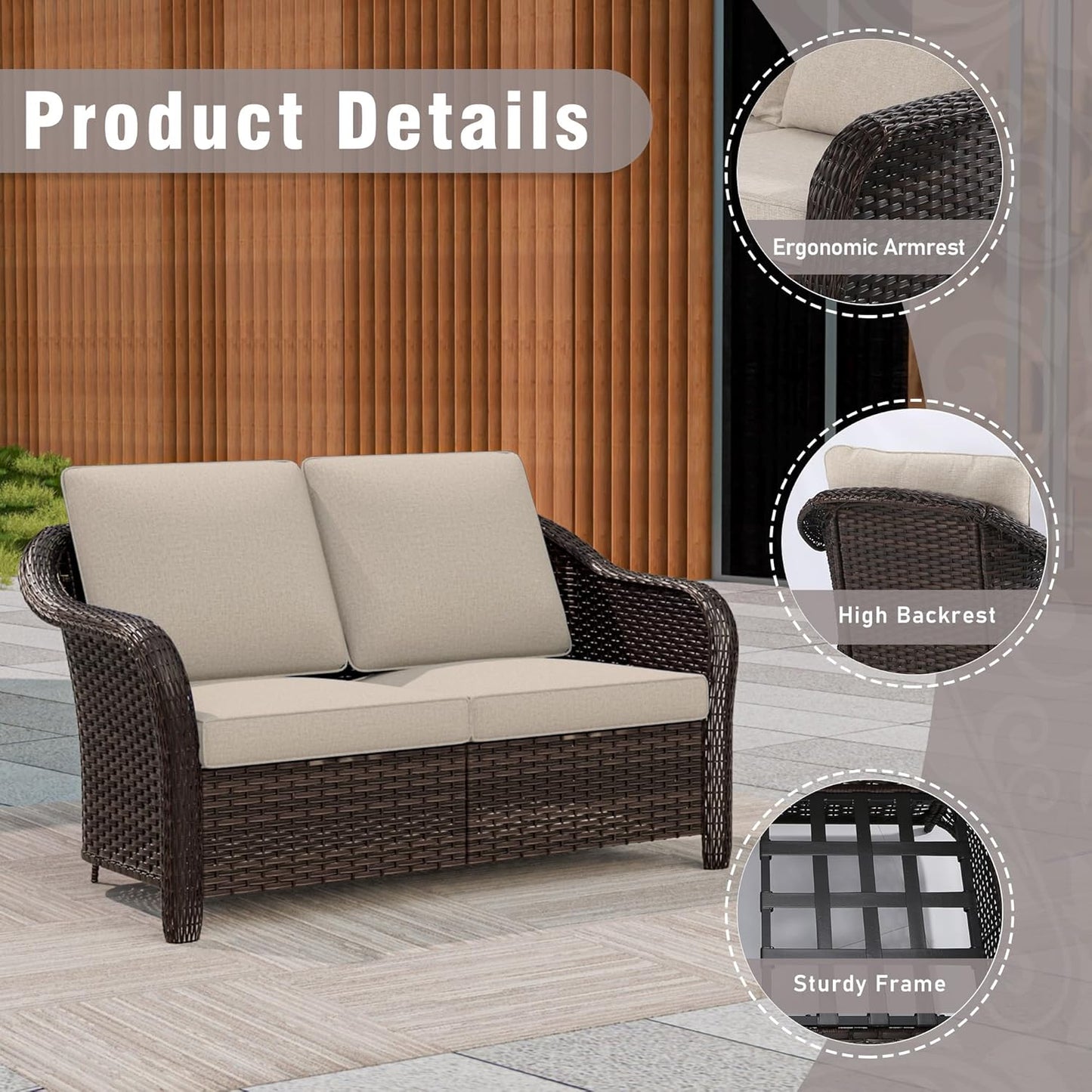 3 Piece Patio Wicker Conversation Set, All-Weather Use Outdoor Wicker Loveseat with 2 PE Rattan 360 Swivel Chair, Ideal for Porch, Backyard, Balcony, Poolside, Beige