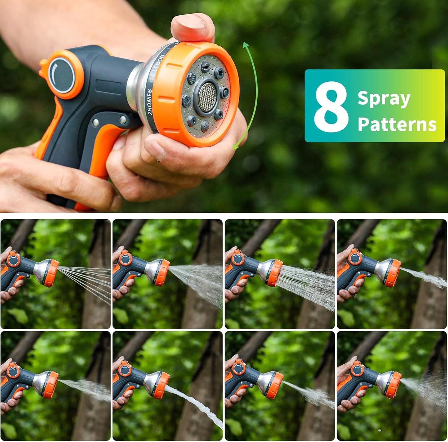 Water Hose Nozzle Heavy Duty with 8 Spray Patterns, Water Hose Sprayer Nozzle with Water Flow Thumb Control, Labor-saving Buckle & Front Trigger, for Watering Plants, Washing Cars & Pets