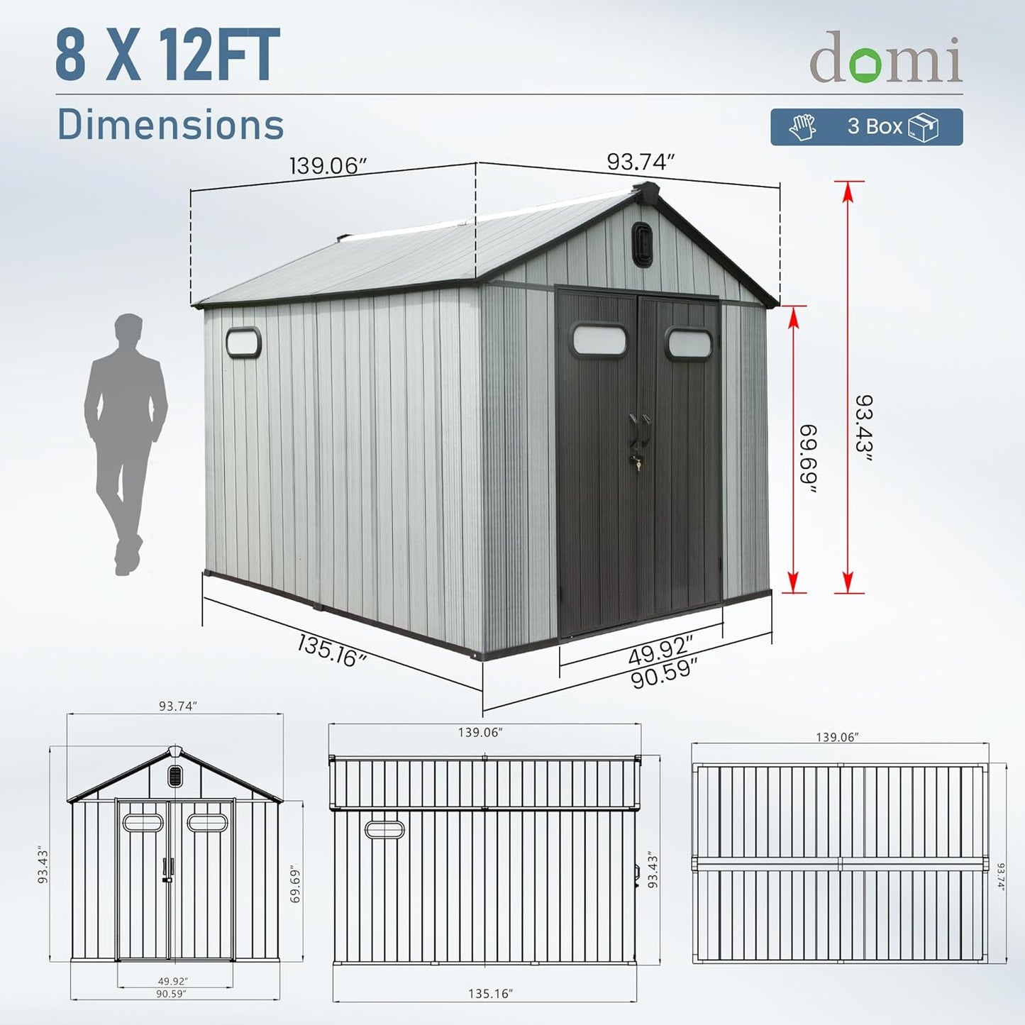 Domi 8x12 FT Outdoor Resin Storage Shed, All-Weather Double-Wall Storage Building for Backyard, Garden, Lawn Tools, Mower, Bike & Pool Equipment, Lockable Doors, Ventilated Roof, Grey
