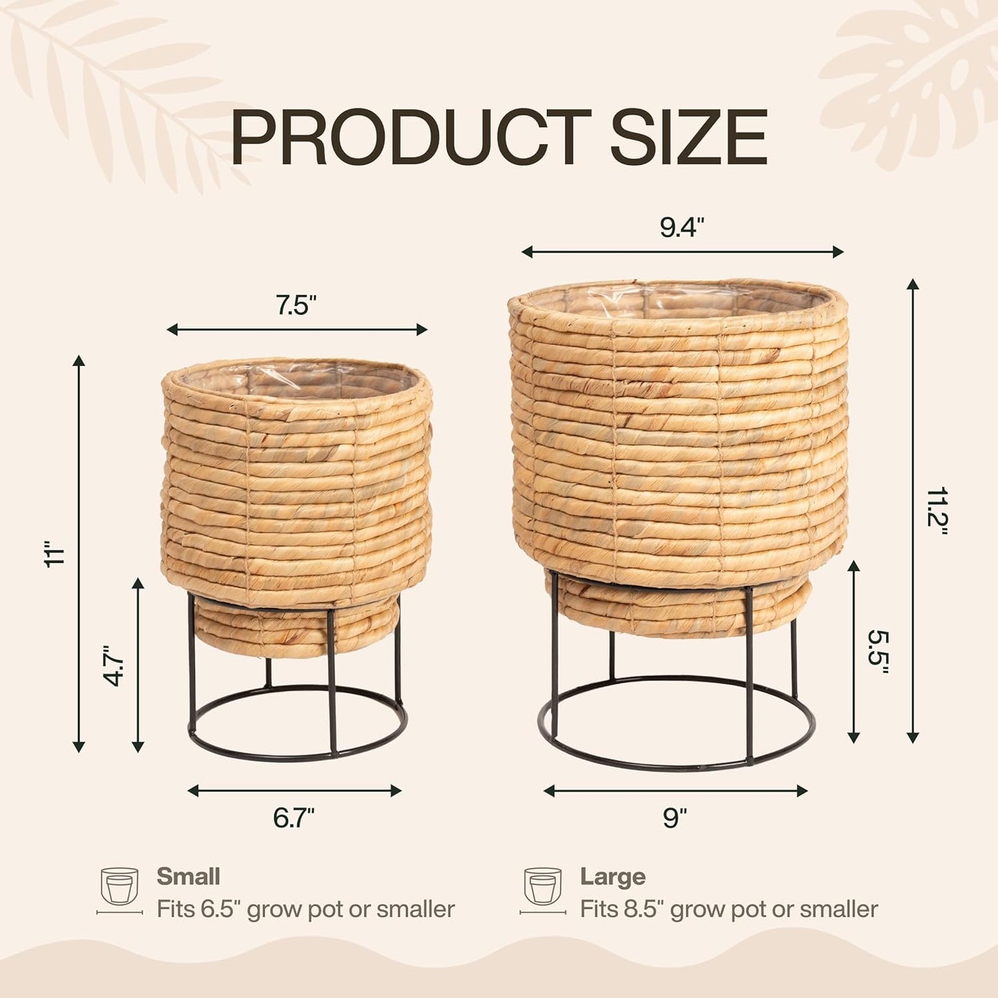 Set of 2 Water Hyacinth Planter Pot with Metal Stand - Indoor Flower, Succulent & Basket Planter - Decorative Braided Pot Cover