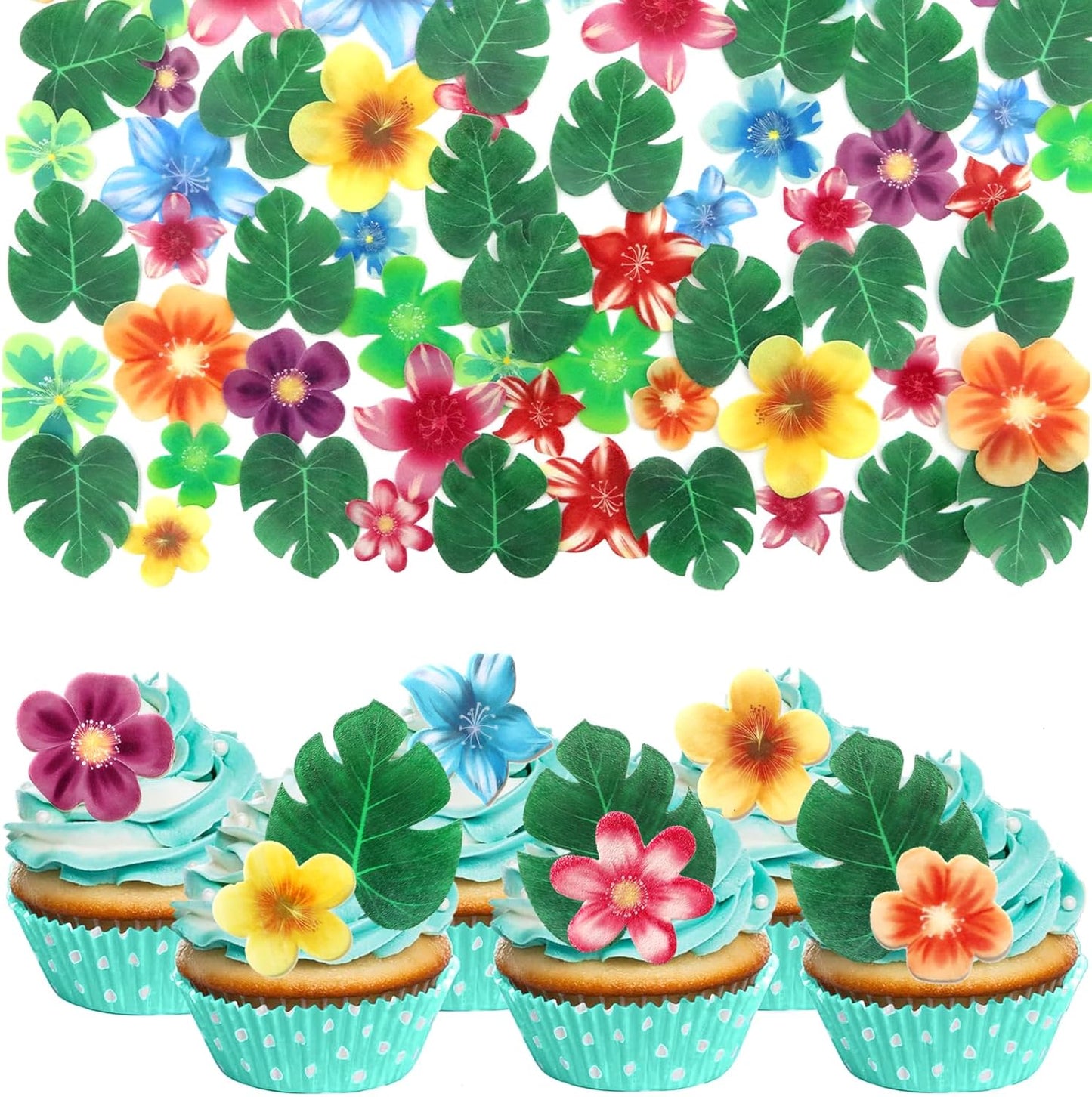 60 Pcs Edible Flowers Cake Decorations Tropical cake topper Hawaiian Birthday Party Decoration for Tropical Luau Summer Party Wedding