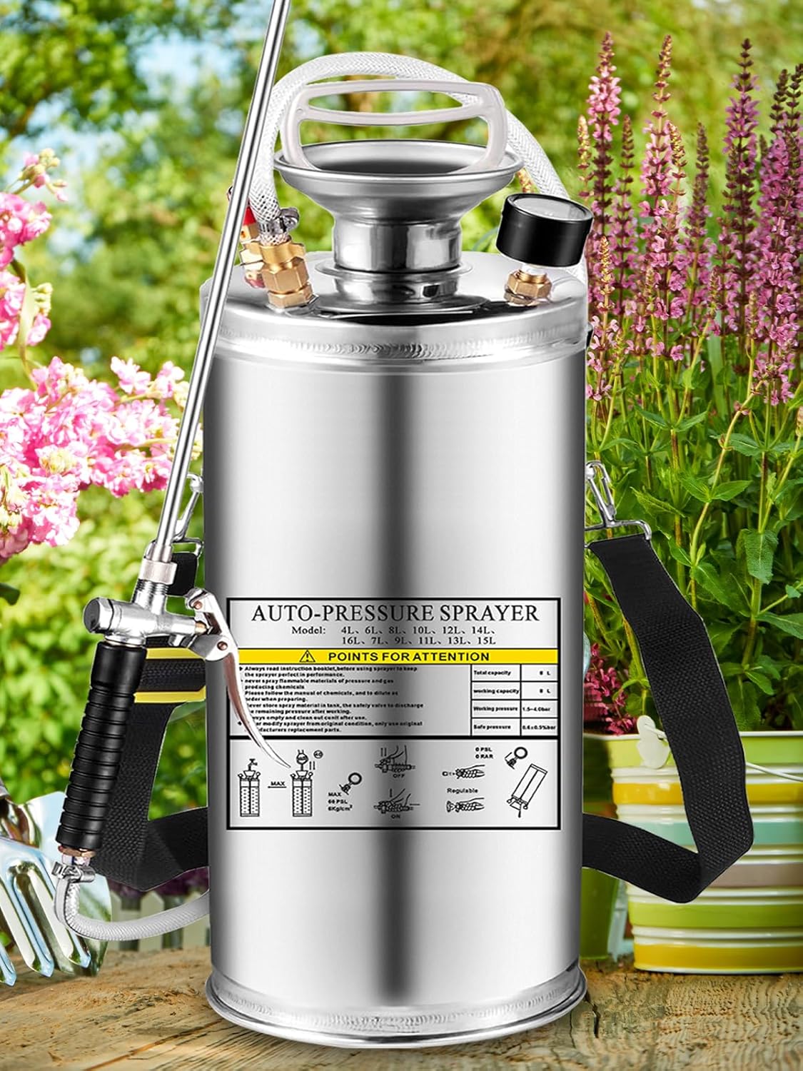 3.5 Gallon Stainless Steel Sprayer, Hand Metal Pump Up Sprayer Reinforced Hose with Pressure Gauge, Safety Valve & Adjustable Nozzle, Garden Weed Sprayers for Lawn, Gardening, Sanitizing