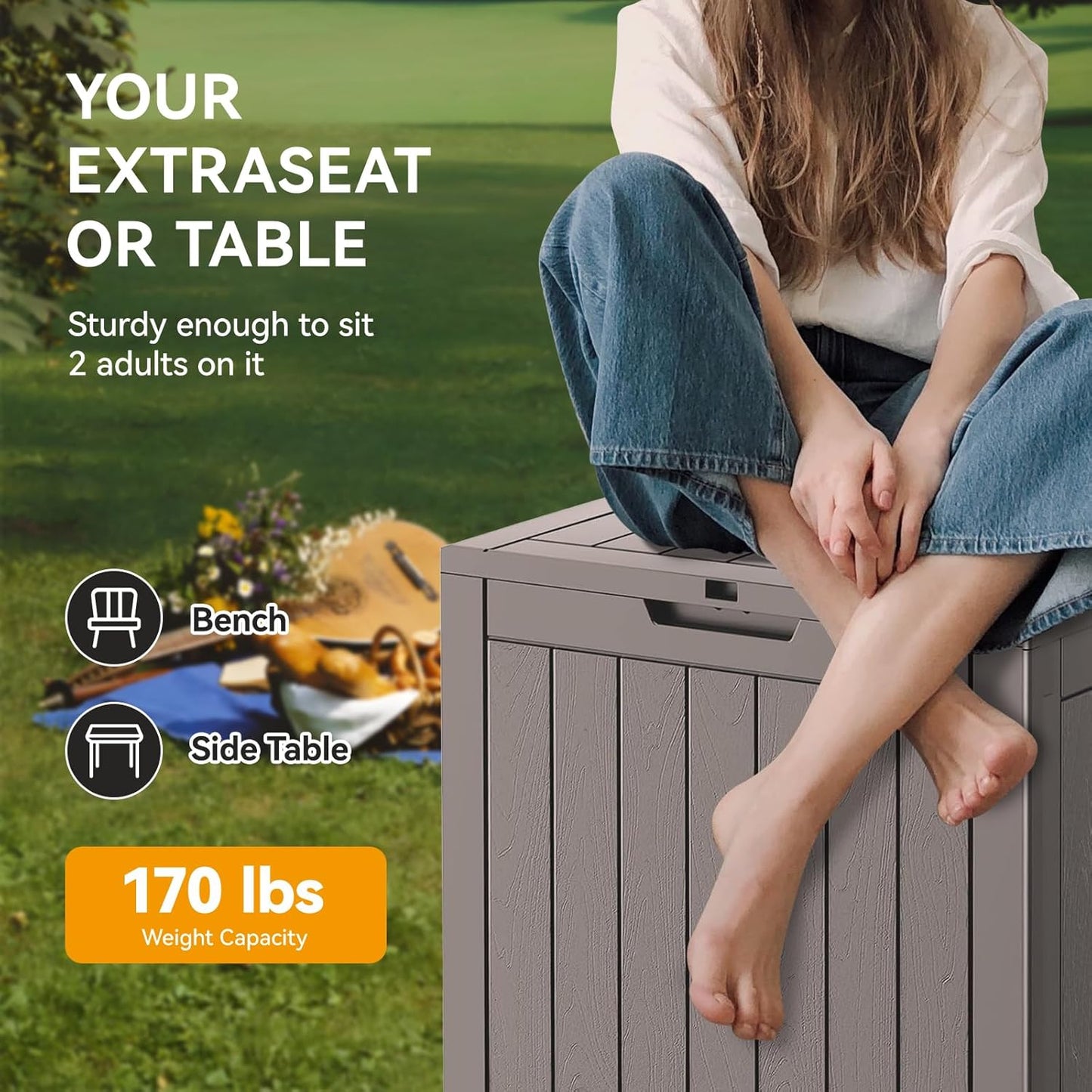 Outdoor Storage Box, 32 Gallon Deck Box Indoor Outdoor Storage Bin,Waterproof Resin Patio Storage Box for Garden Tools,Package Delivery,Pool Accessories,Sports Equipment,Patio Furniture,Lockable