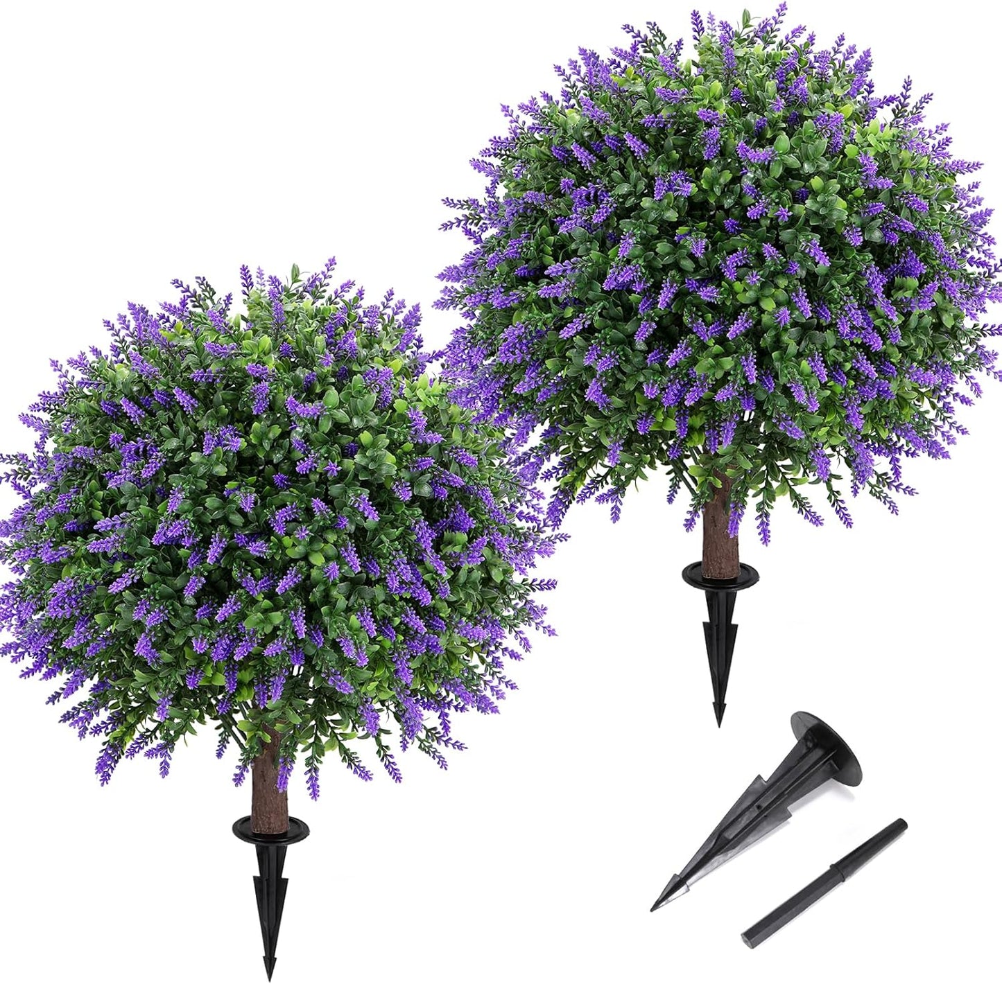 Artificial Lavender Topiary Ball Tree 25" with Ground Spike, Set of 2 Artificial Boxwood Bushes for Faux Shrubs, Fake Evergreen Faux Plant for Indoor Outdoor Porch Garden -UV Resistant–Fade-Proof