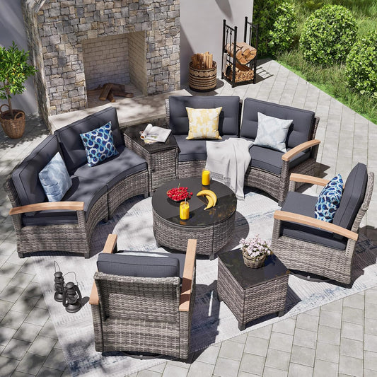 9-Piece Outdoor Patio Furniture Set, Half-Moon Curved Sectional Set with Wood Armrests, Patio Conversation Set, Tempered Glass Coffee & Side Tables (Grey)