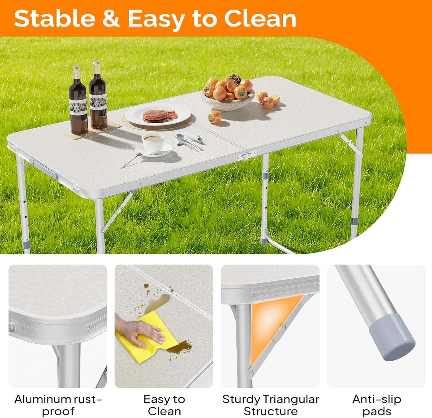 VINGLI 4FT White Folding Table with Carrying Handle Height Adjustable Lightweight Fold Up Portable for Indoor Outdoor Picnic,Camping,Hiking,Fishing,BBQ …