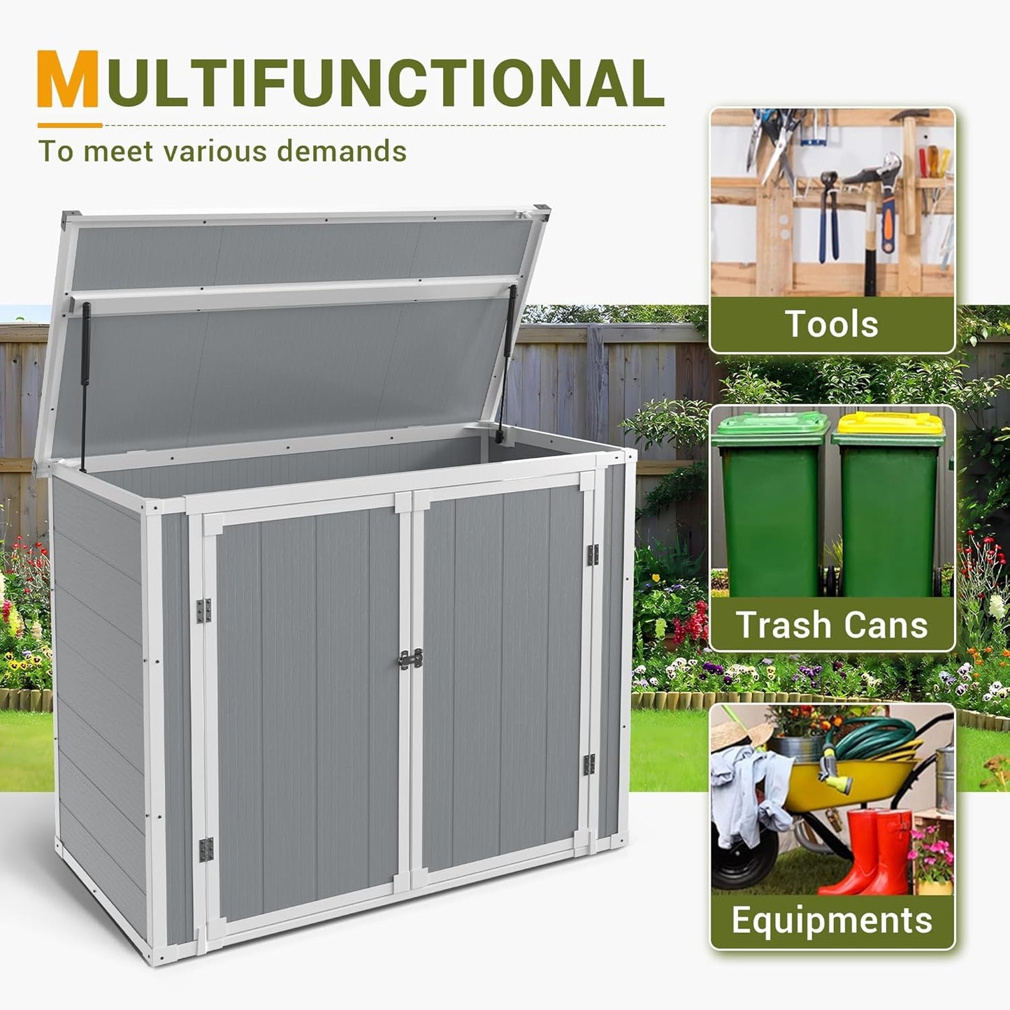 41 Cu.Ft Horizontal Outdoor Plastic Storage Shed/Box Trash Can Sheds Weatherproof Resin Shed with Floor Thickened & Gas Spring & Lockable Doors for Tools, Lawn Mower Storage（4.5 * 2.5 FT）