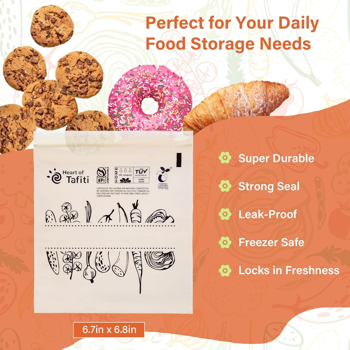 Compostable Food Storage Bags, Resealable Sandwich Bags, 50 Count, 6.7 x 6.8 inches, Extra Thick and Reusable, Eco-Friendly, Certified US BPI ASTM D6400 Europe OK Compost