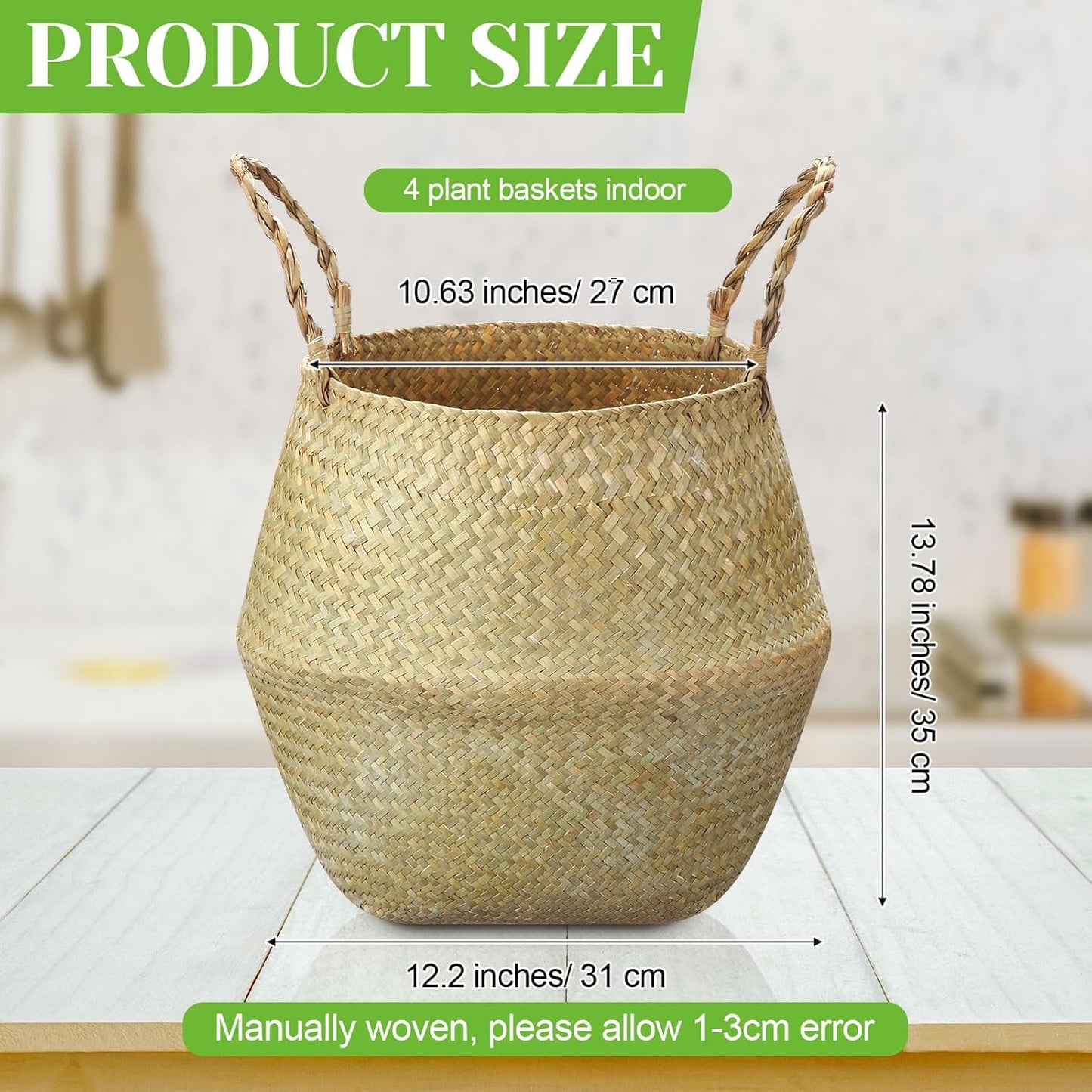 Qunclay 4 Pcs Woven Seagrass Baskets Belly Basket Folding Boho Natural Plant Pot with Handles Round Decorative Wicker Large Indoor Planter for Home Outdoor Tree Planters Decor (13.78 x 12.2 Inch)