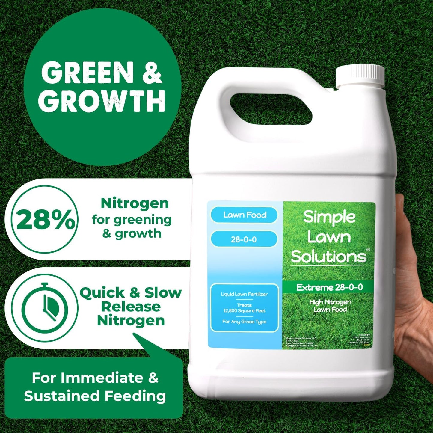 Maximum Green & Growth Fertilizer High Nitrogen 28-0-0 Lawn Food Liquid Fertilizer- Spring & Summer- Any Grass Type- Simple Lawn Solutions - Concentrated Quick & Slow Release Blend (1 Gallon)