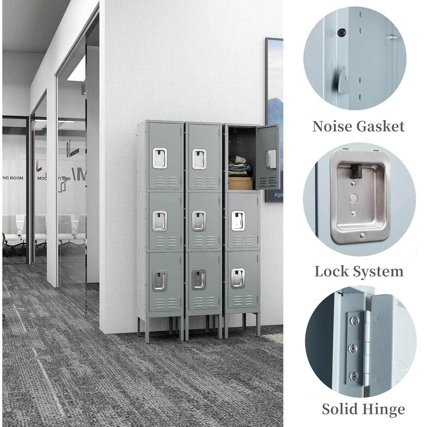 Yizosh Metal Lockers for Employees with Lock, Employees Locker Storage Cabinet with 3 Doors, Tall Steel Storage Locker for Gym, School, Office