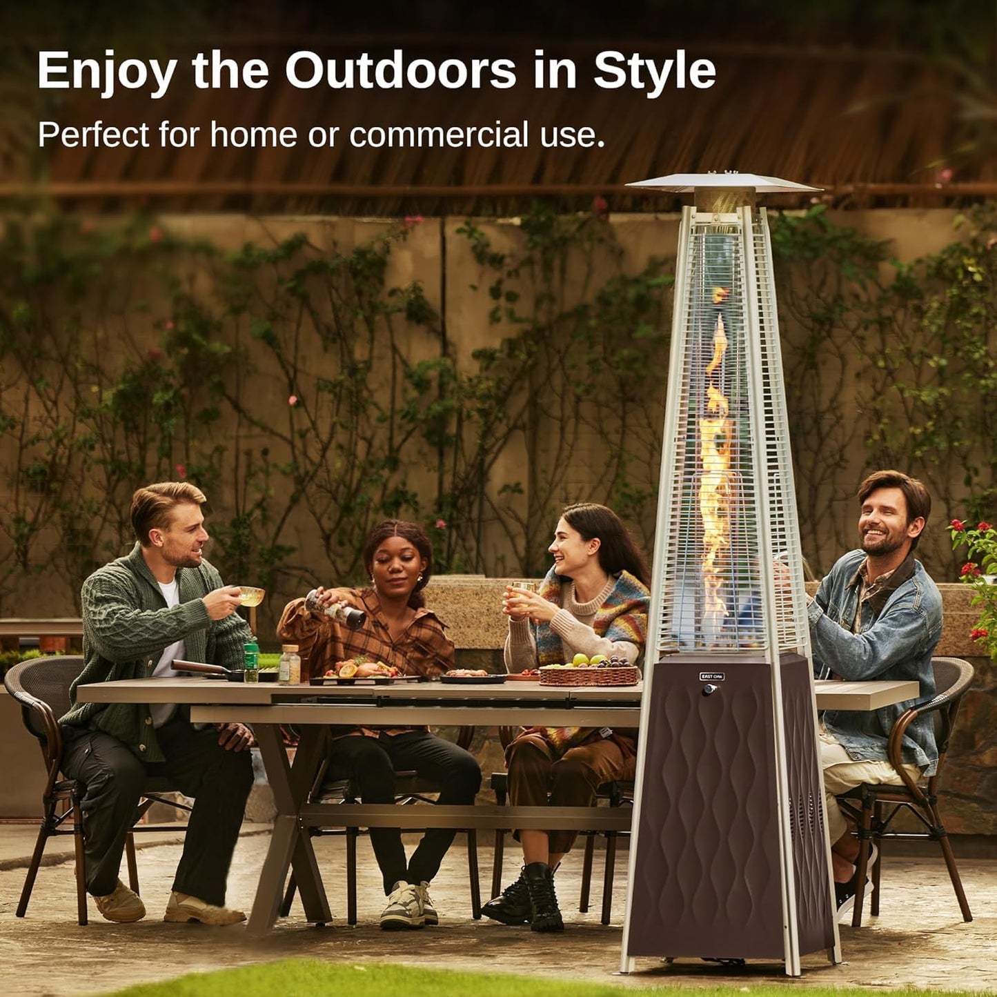 EAST OAK 48,000 BTU Pyramid Patio Heater, Quartz Glass Tube Propane Outdoor Heater with Wheels, Triple Safety Protection, 2025 Upgrade for Home, Backyard & Commercial Spaces, Bronze