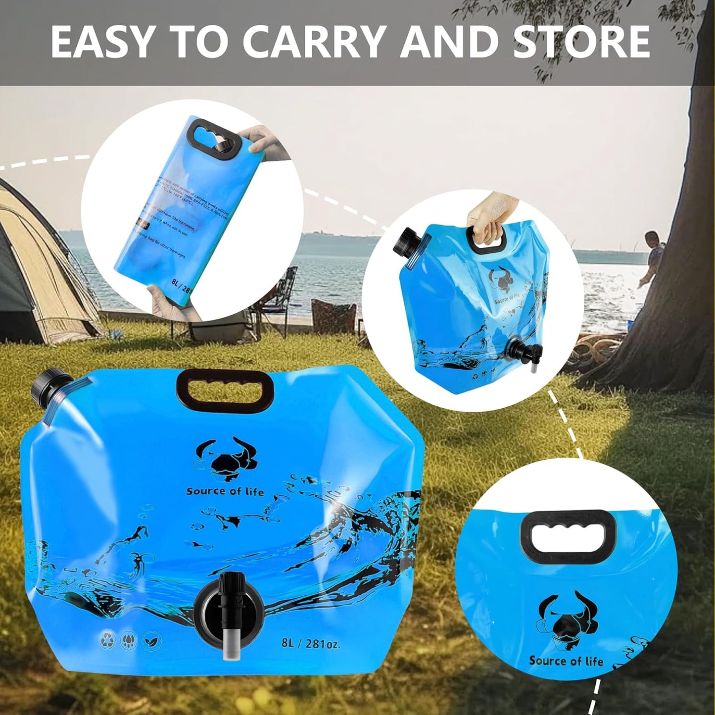 Collapsible 8L Water Storage Bag, BPA-Free Portable Folding Water Jug with Adjustable Faucet, Leakproof Emergency Water Bag for Camping, Hiking, Riding, Outdoor Sport (Blue, 2)