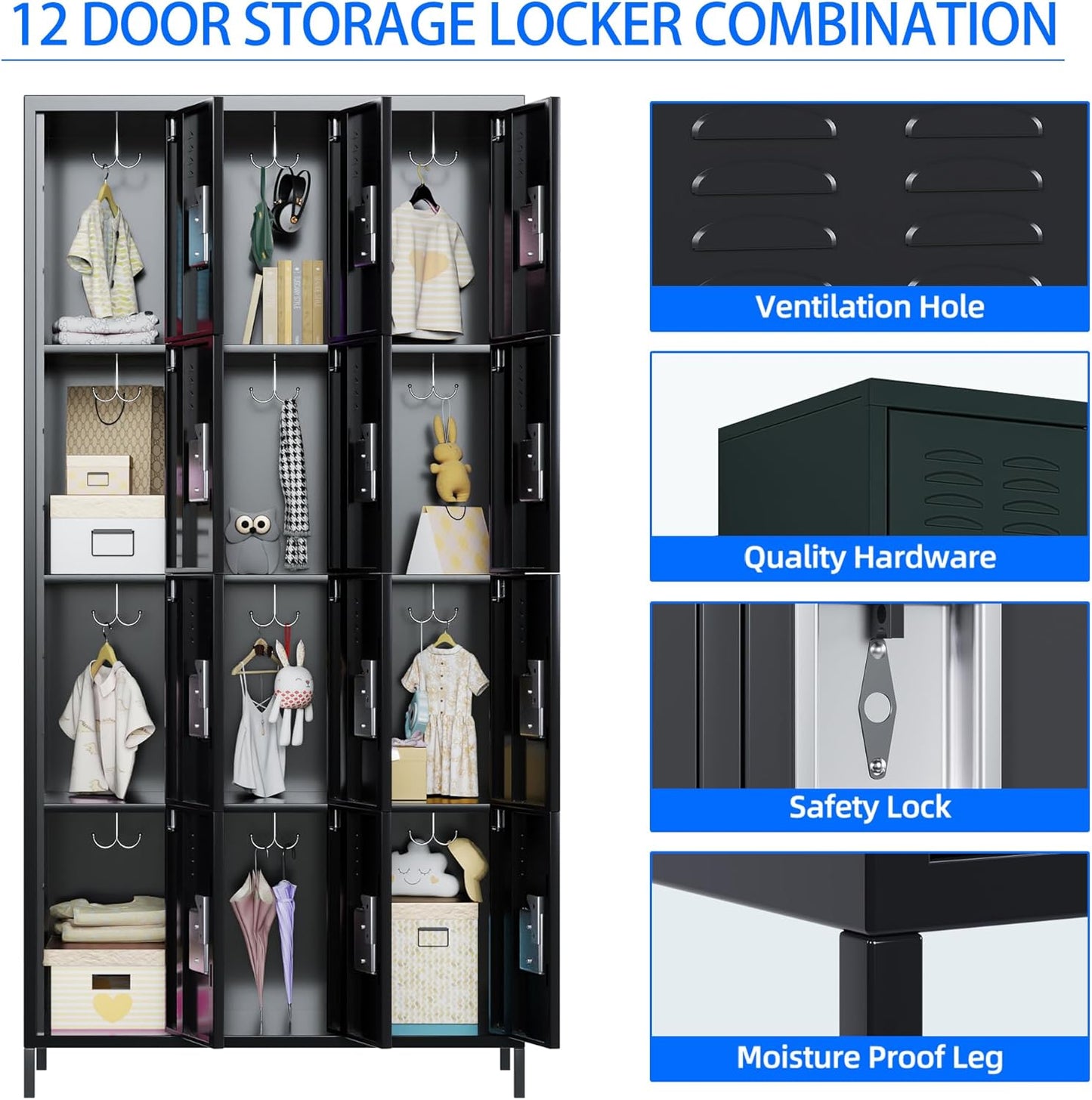 METAN Metal Locker for School Office Gym Bedroom, 12 Doors Black Steel Storage Locker Cabinet for Employees, Industrial Storage Locker, Assembly Required (12 Door-Black)