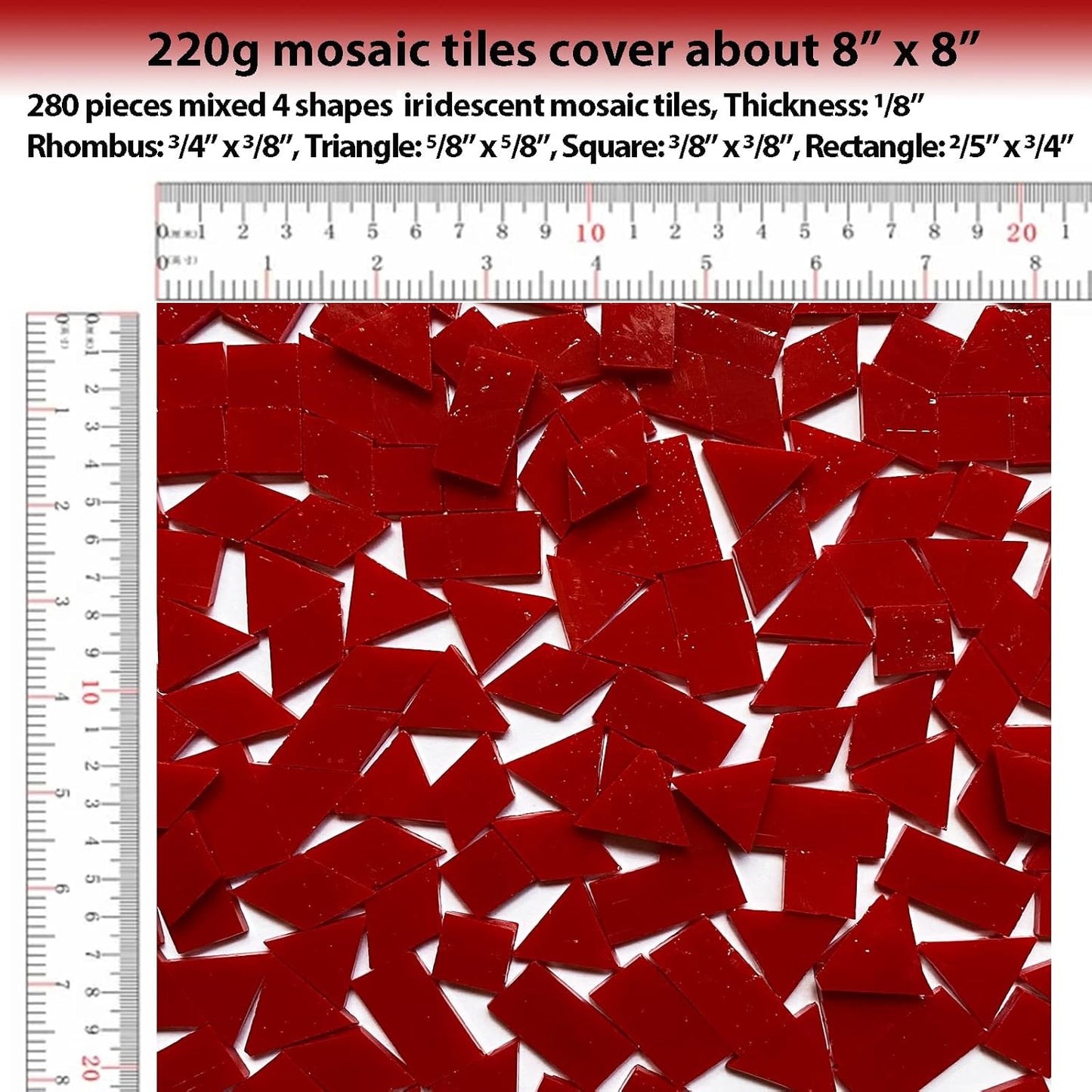 Magic Iridescent Red Glass Mosaic Tiles for Crafts, 280 Pieces Mixed 4 Shapes Stained Glass Sheets, Mosaic Kit Supplies for Adults