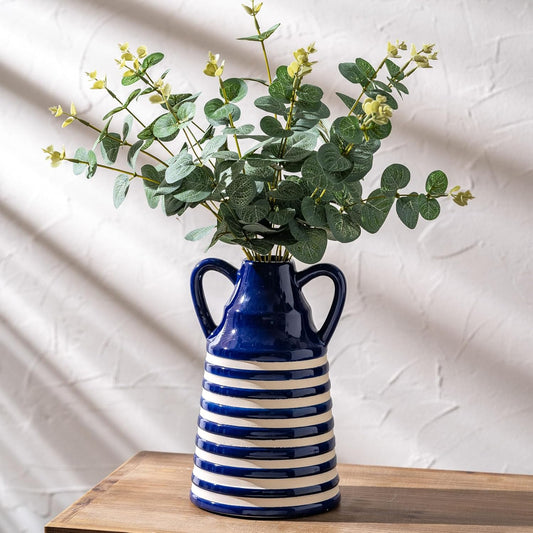Ceramic Blue and White Checkered Stripes Vase with Handles, Modern Bohemian Floral Navy Blue Vases for Centerpieces, Cottage Core Home Decor, Flower Vases for Bouquet Tabletop Kitchen Bookshelf 8.9 In